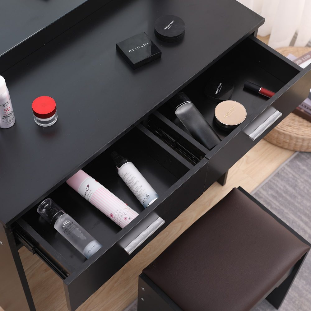 Dressing Vanity & Dressing Tables: Fidel Vanity Set with Cushioned Stool and Lighted Mirror- Black