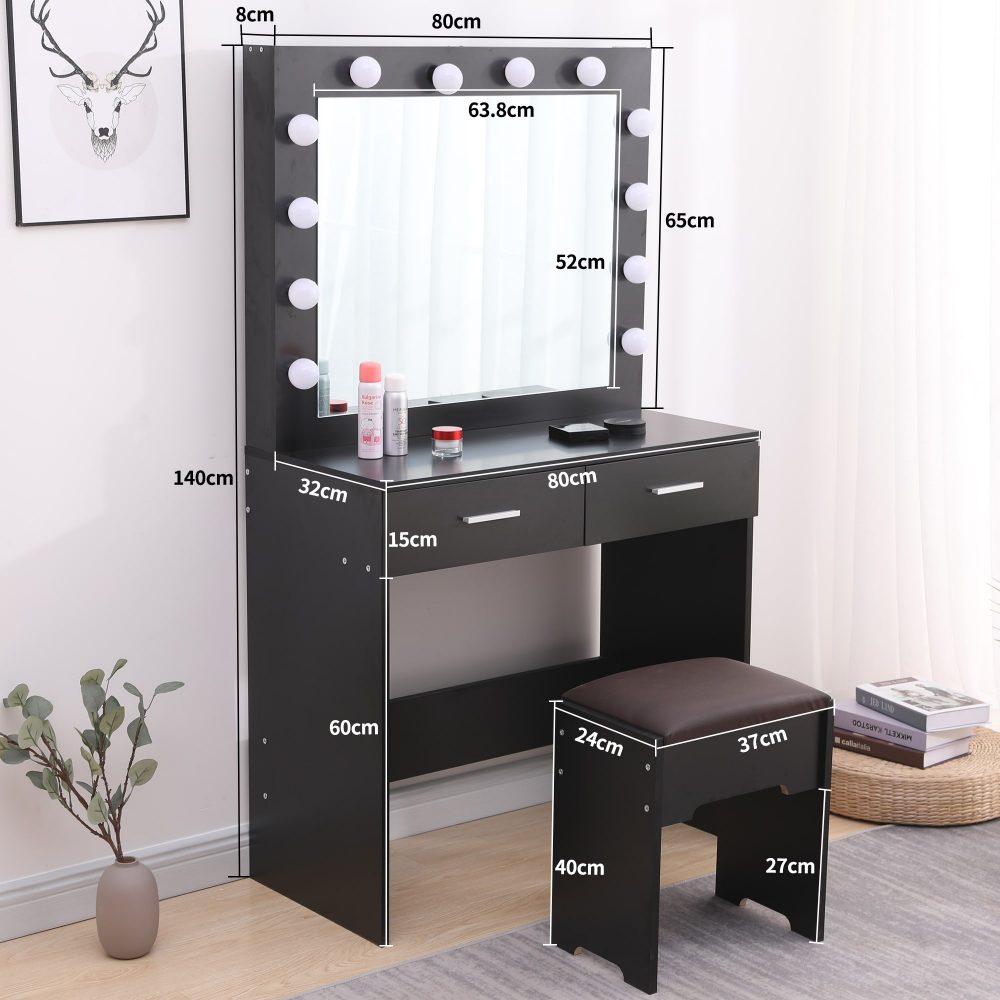 Dressing Vanity & Dressing Tables: Fidel Vanity Set with Cushioned Stool and Lighted Mirror- Black