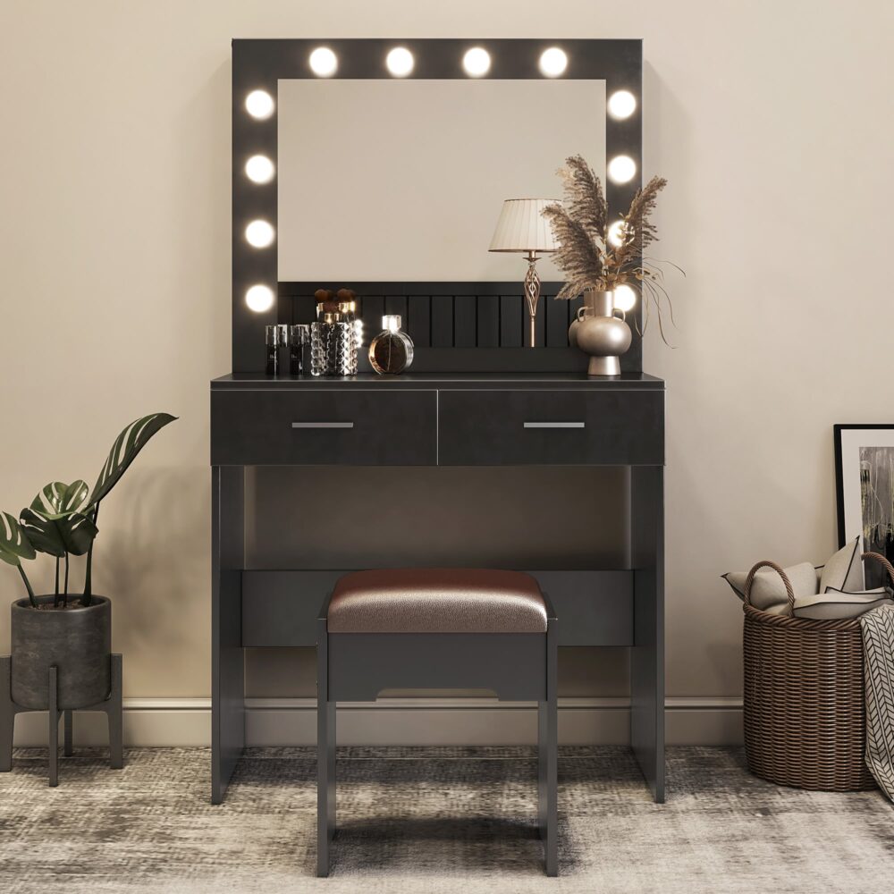 Dressing Vanity & Dressing Tables: Fidel Vanity Set with Cushioned Stool and Lighted Mirror- Black