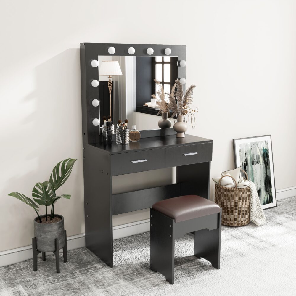 Dressing Vanity & Dressing Tables: Fidel Vanity Set with Cushioned Stool and Lighted Mirror- Black