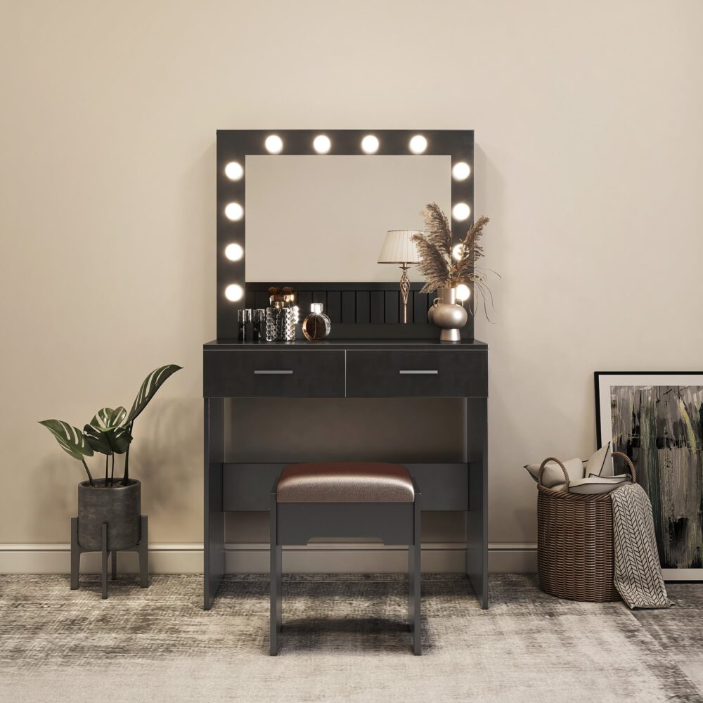 Dressing Vanity & Dressing Tables: Fidel Vanity Set with Cushioned Stool and Lighted Mirror- Black