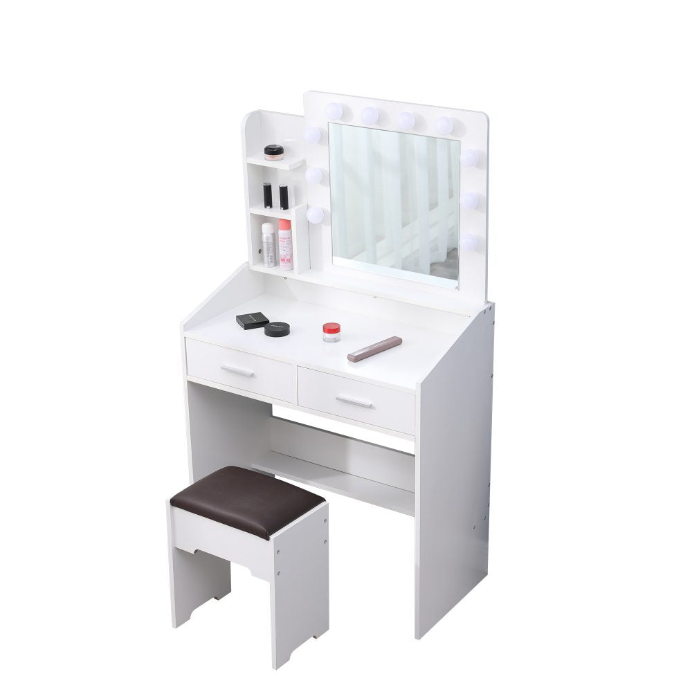 Dressing Vanity & Dressing Tables: Diana Vanity Set with Shelves Cushioned Stool and Lighted Mirror- White