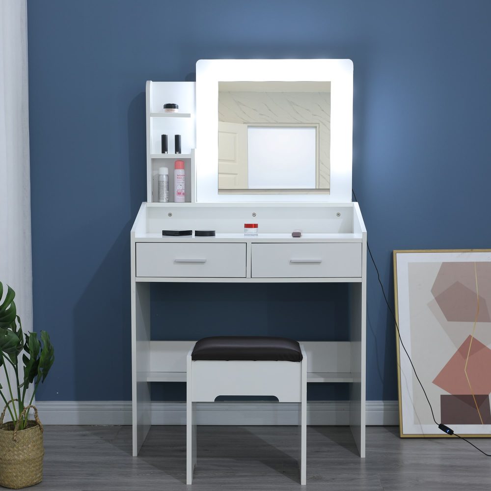 Dressing Vanity & Dressing Tables: Diana Vanity Set with Shelves Cushioned Stool and Lighted Mirror- White