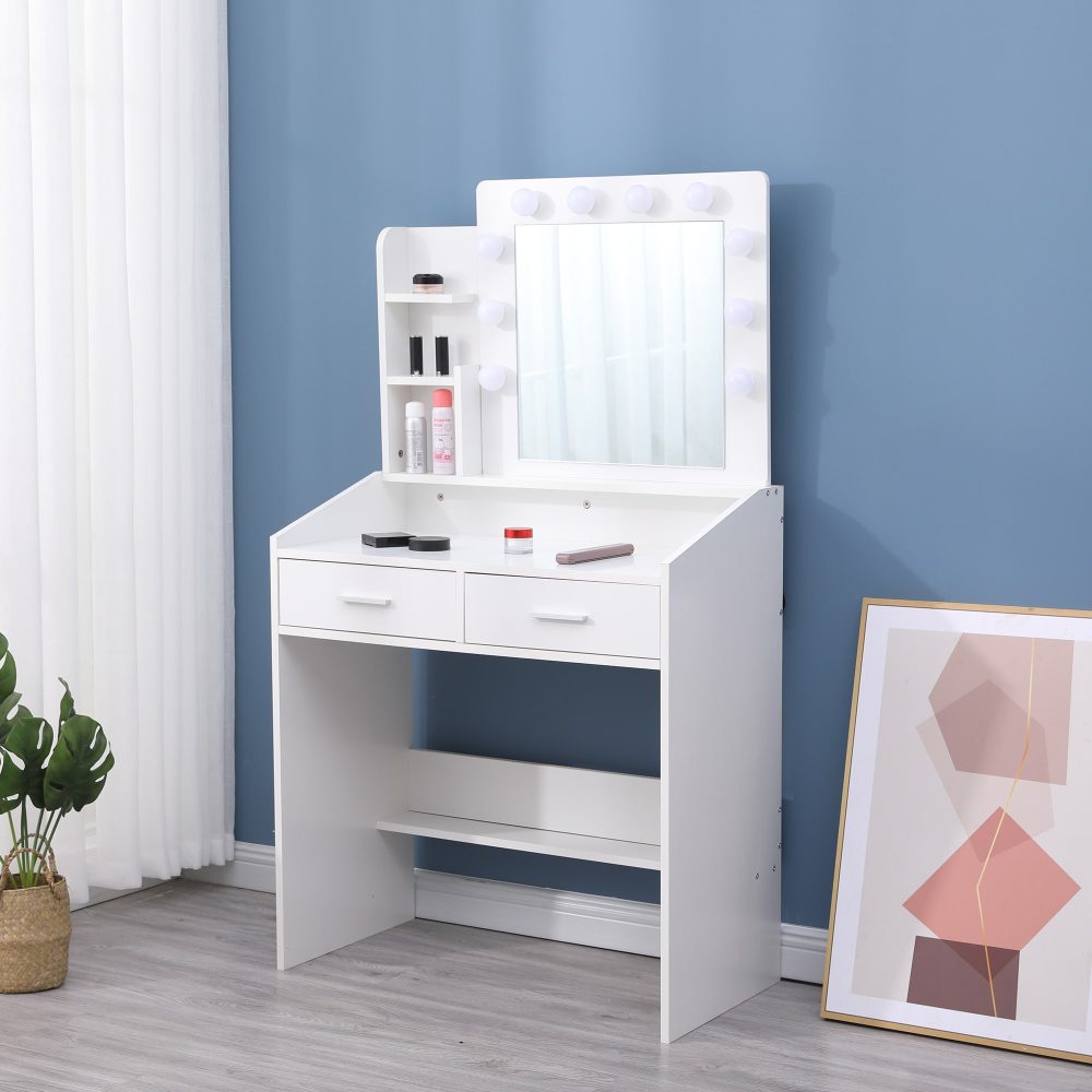 Dressing Vanity & Dressing Tables: Diana Vanity Set with Shelves Cushioned Stool and Lighted Mirror- White