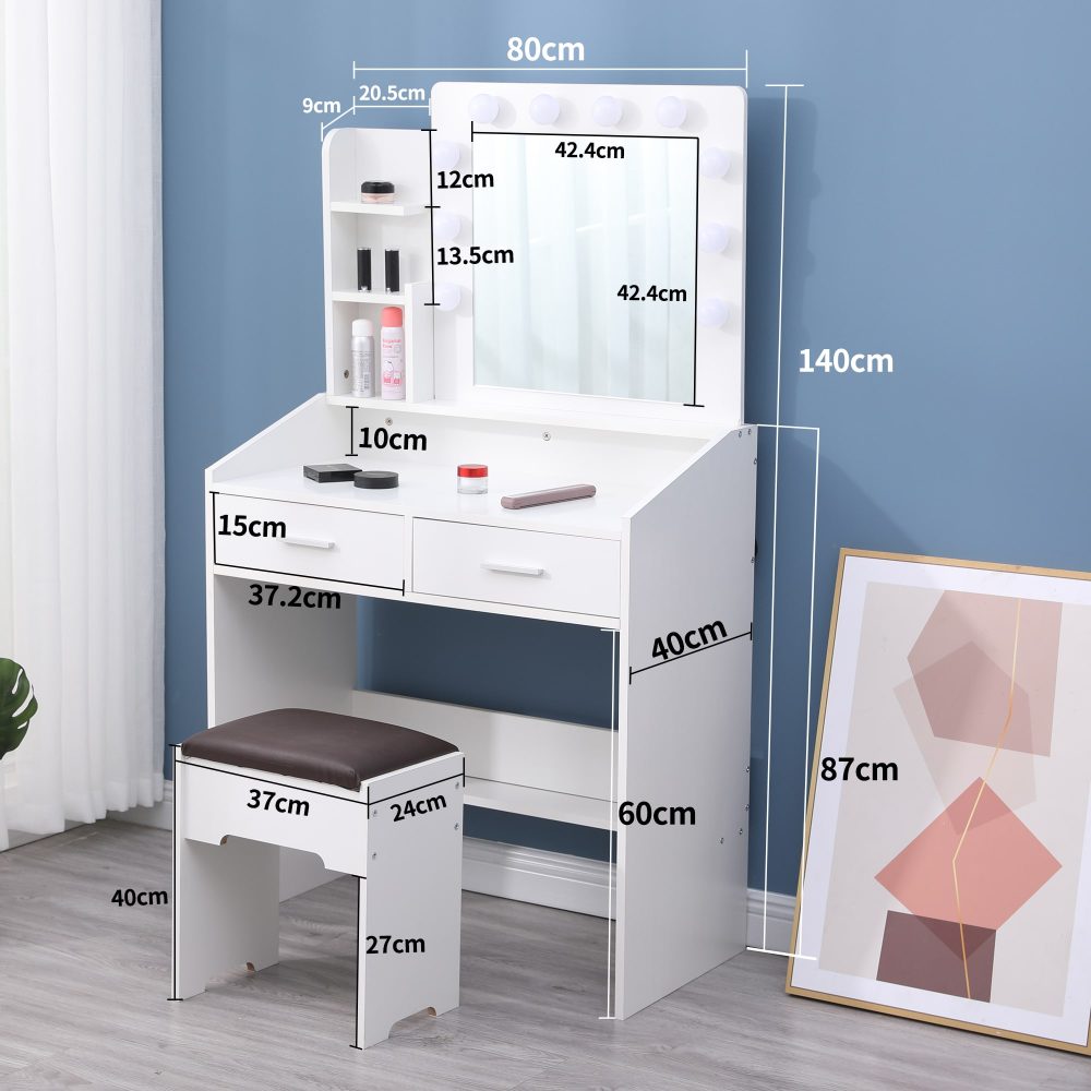 Dressing Vanity & Dressing Tables: Diana Vanity Set with Shelves Cushioned Stool and Lighted Mirror- White