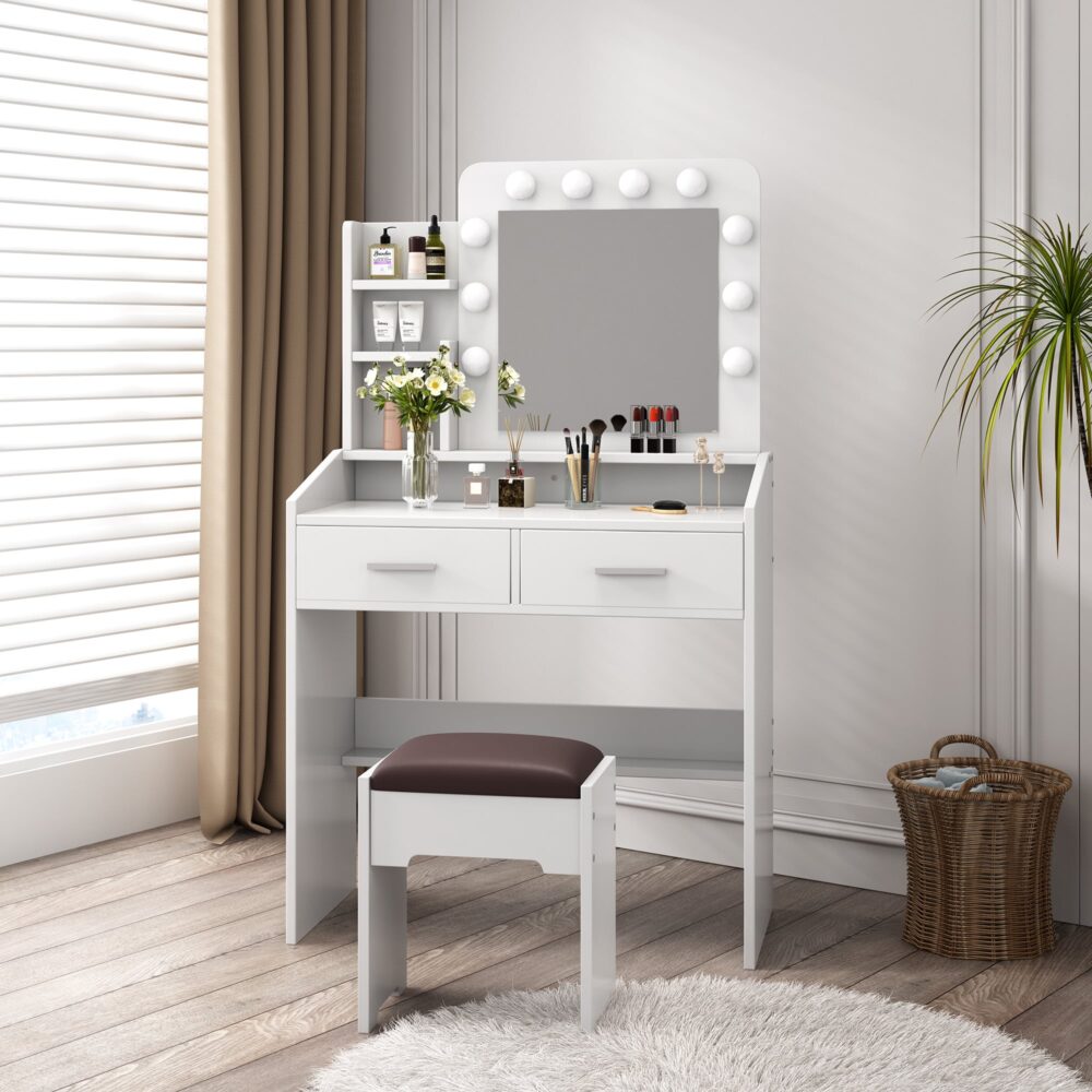 Dressing Vanity & Dressing Tables: Diana Vanity Set with Shelves Cushioned Stool and Lighted Mirror- White