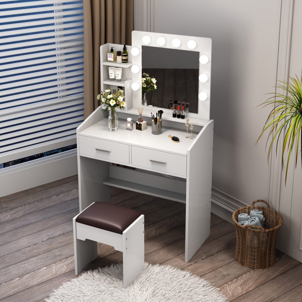 Dressing Vanity & Dressing Tables: Diana Vanity Set with Shelves Cushioned Stool and Lighted Mirror- White