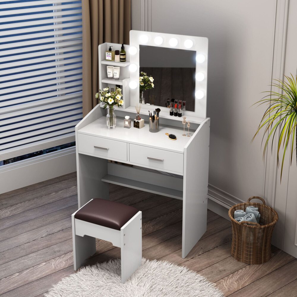 Dressing Vanity & Dressing Tables: Diana Vanity Set with Shelves Cushioned Stool and Lighted Mirror- White