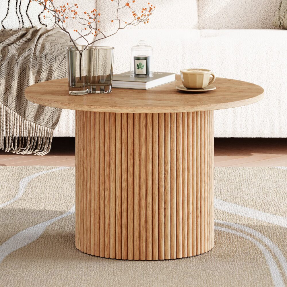 Coffee Tables: Luxe Ribbed Round Coffee Table Wooden