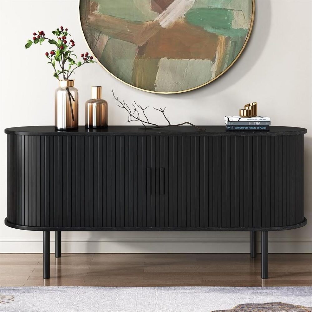 Buffets & Sideboards: Ribbed Black Sideboard with Sliding Doors