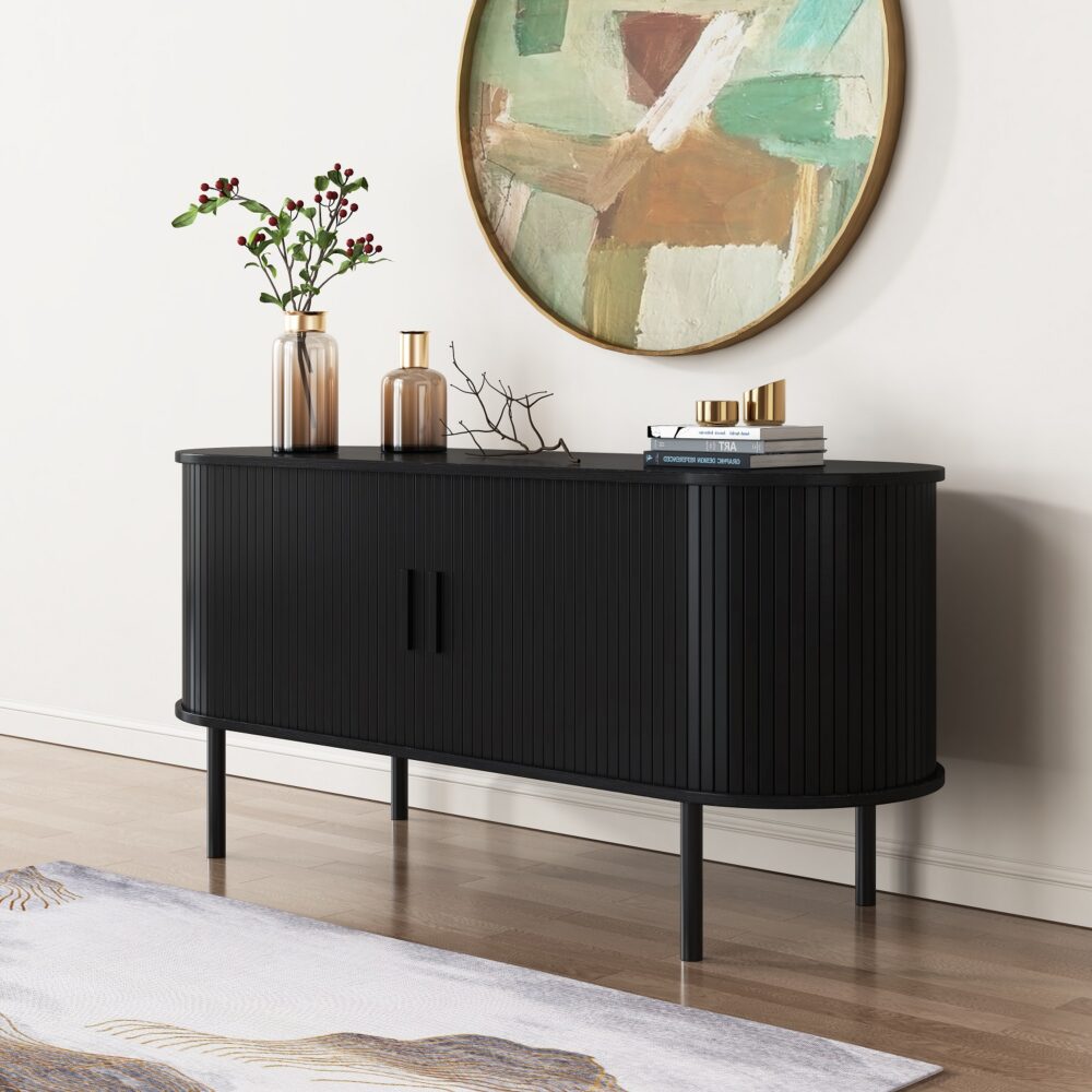 Buffets & Sideboards: Ribbed Black Sideboard with Sliding Doors