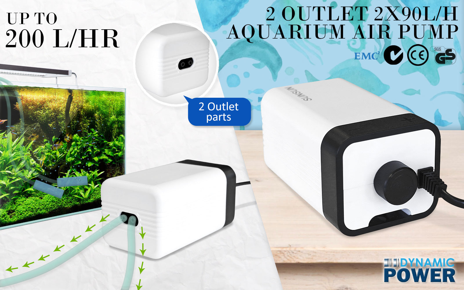 Aquarium Filters & Pumps: Aquarium Air Pump Oxygen Hydroponic 2 Outlet 180L/H 4W