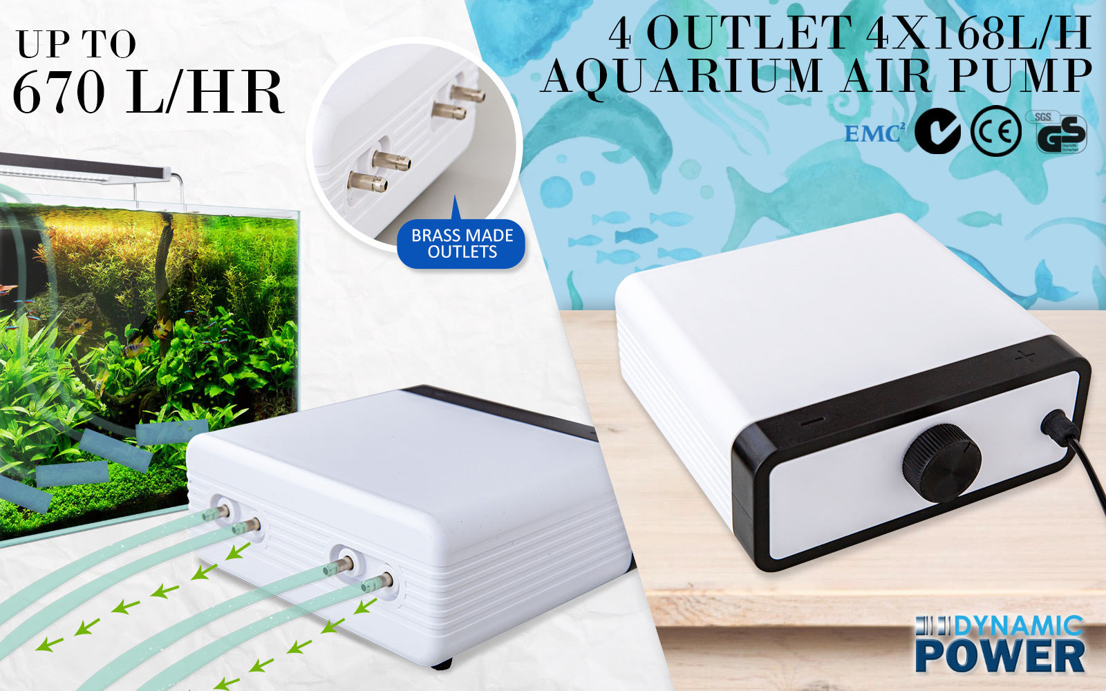Aquarium Filters & Pumps: Aquarium Air Pump Oxygen Hydroponic 4 Outlet 670L/H 8W WHITE
