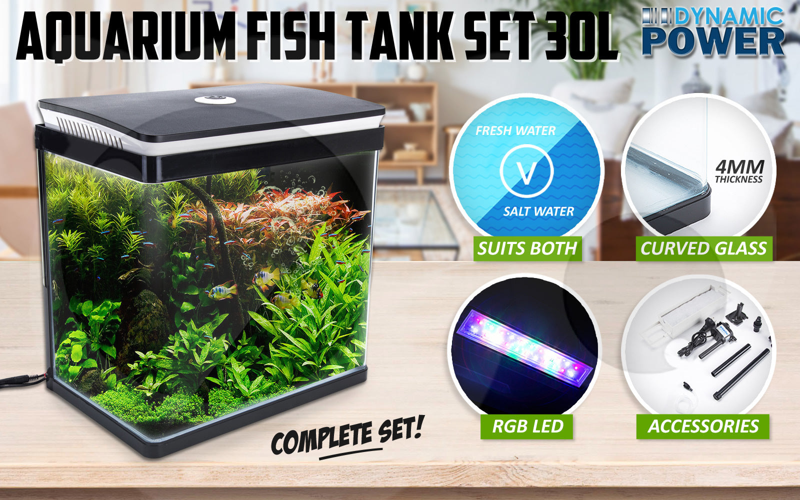 Aquariums: Aquarium Curved Glass RGB LED Fish Tank Set Filter Pump 30L