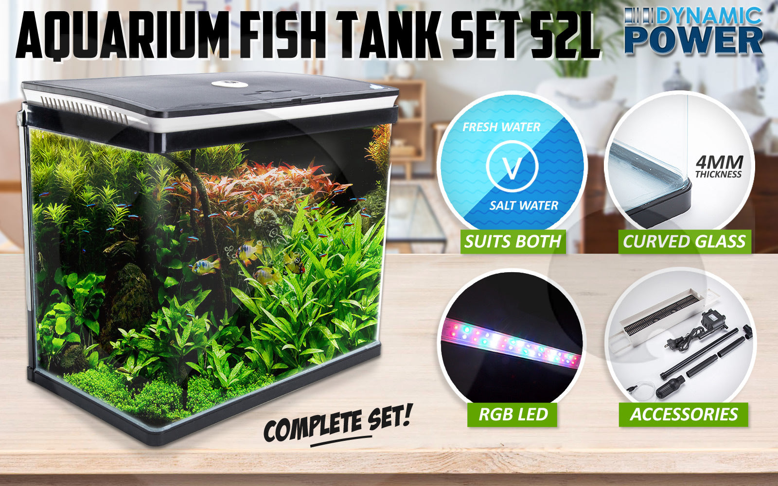 Aquariums: Aquarium Curved Glass RGB LED Fish Tank Set Filter Pump 52L