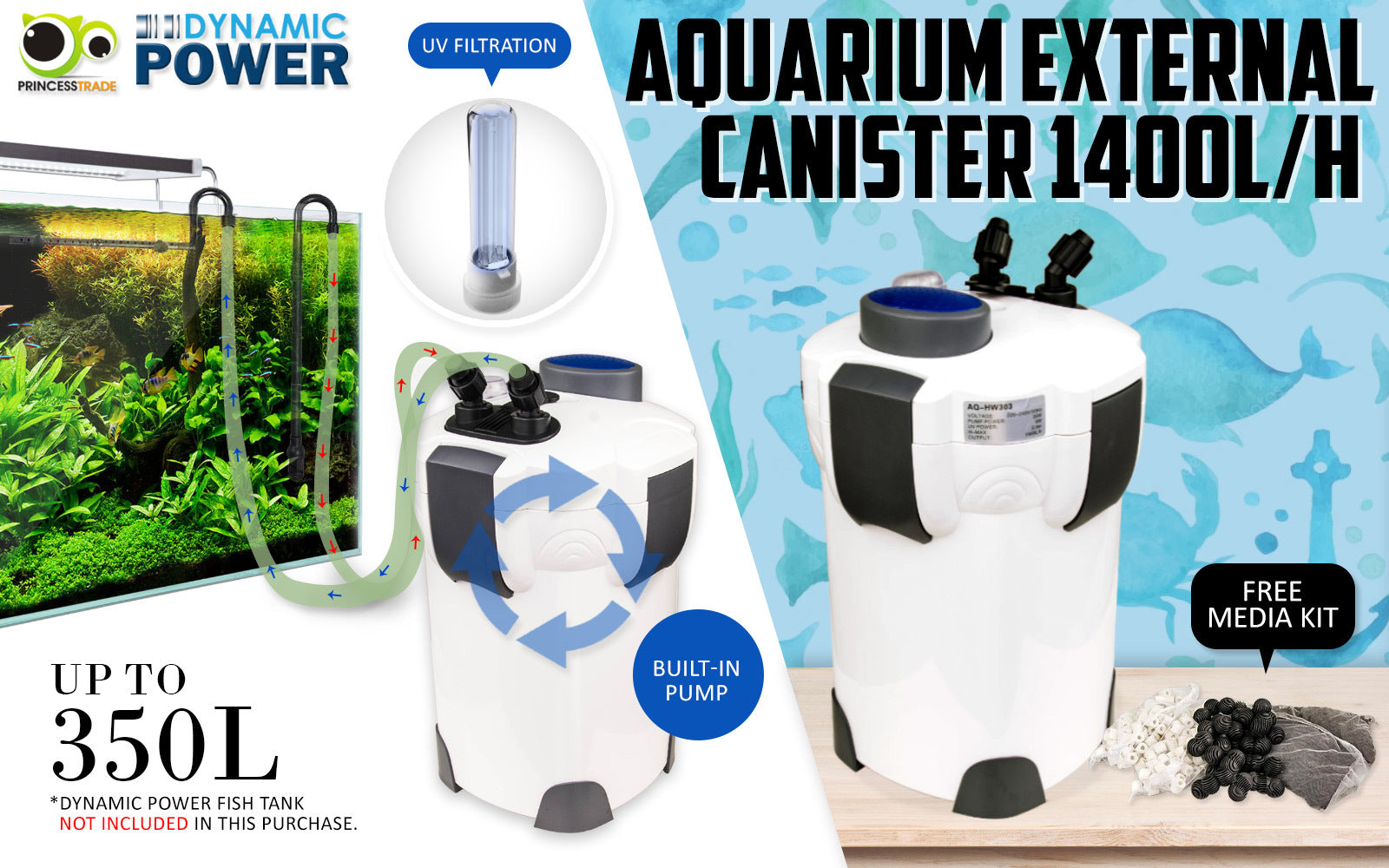 Aquarium Filters & Pumps: Aquarium UV Light External Canister Filter 1400L/H + Media Kit