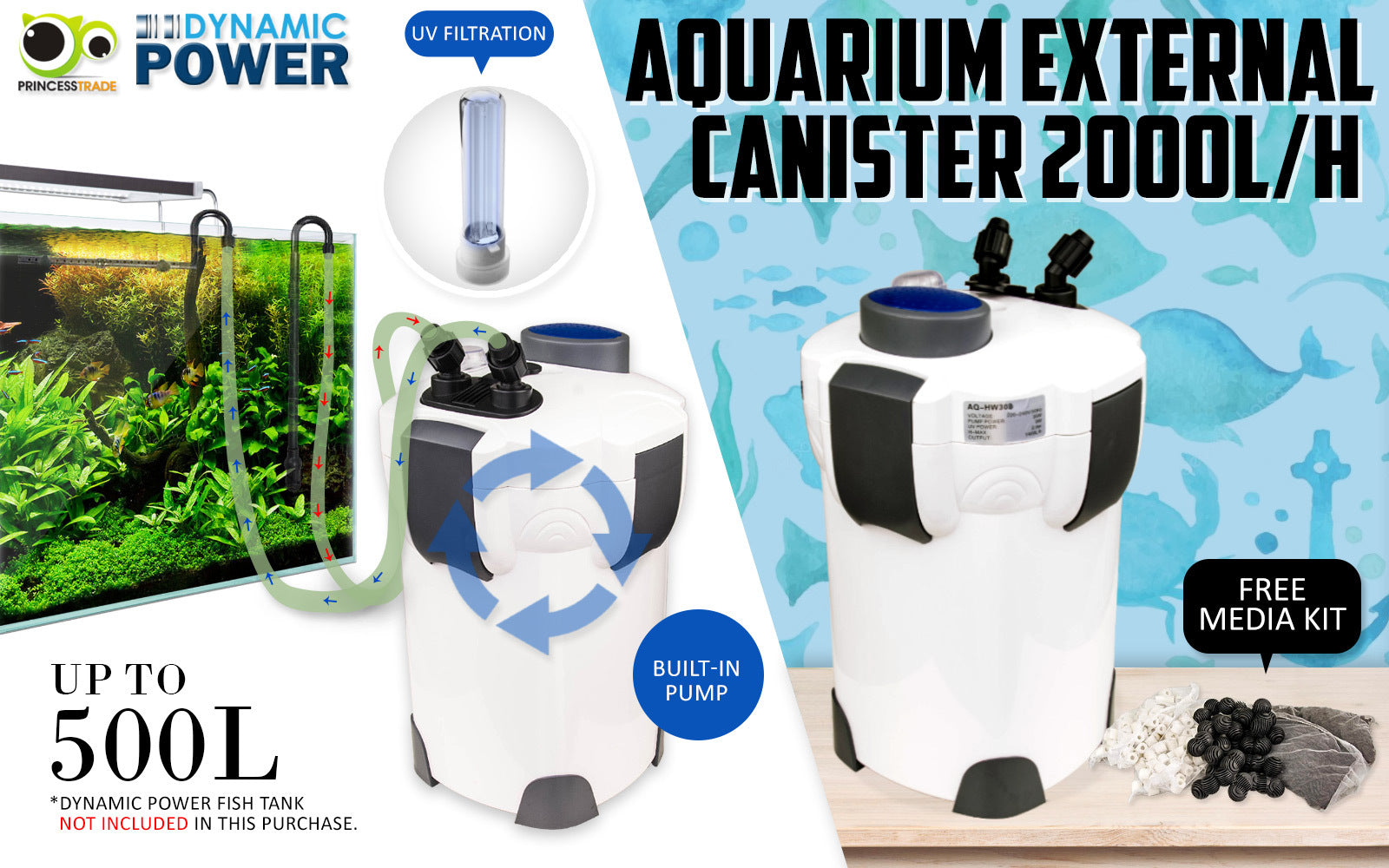 Aquarium Filters & Pumps: Aquarium UV Light External Canister Filter 2000L/H + Media Kit