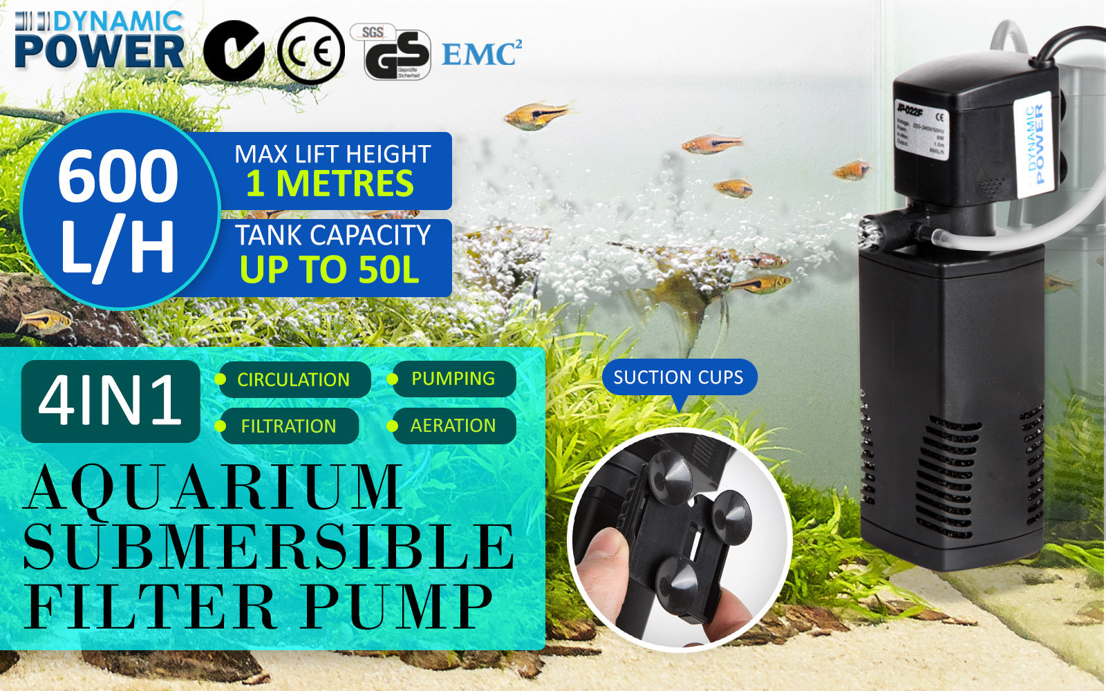 Aquarium Filters & Pumps: Aquarium Submersible Filter Pond Pump 600L/H 8W 1m