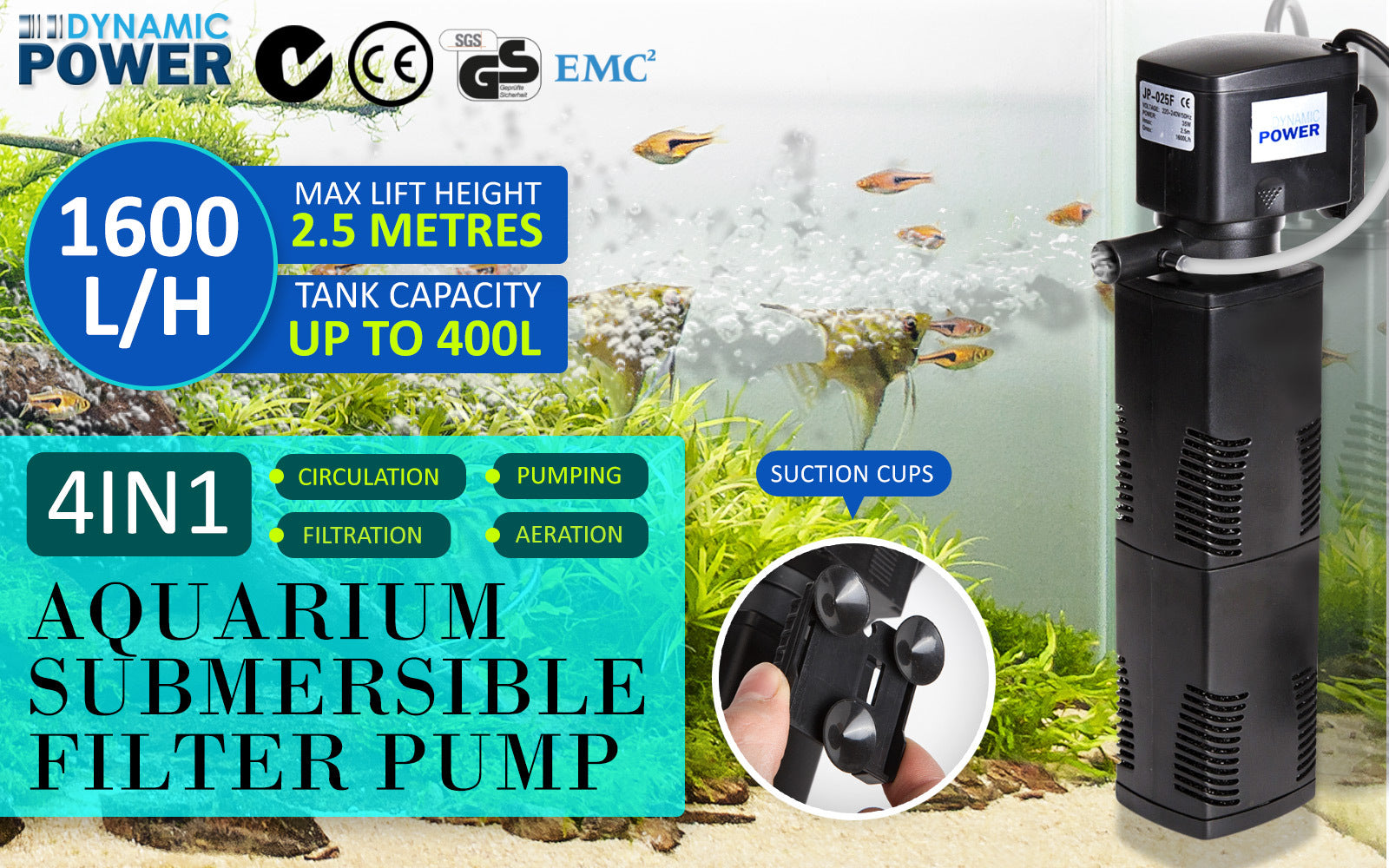 Aquarium Filters & Pumps: Aquarium Submersible Filter Pond Pump 1600L/H 35W 2.5m