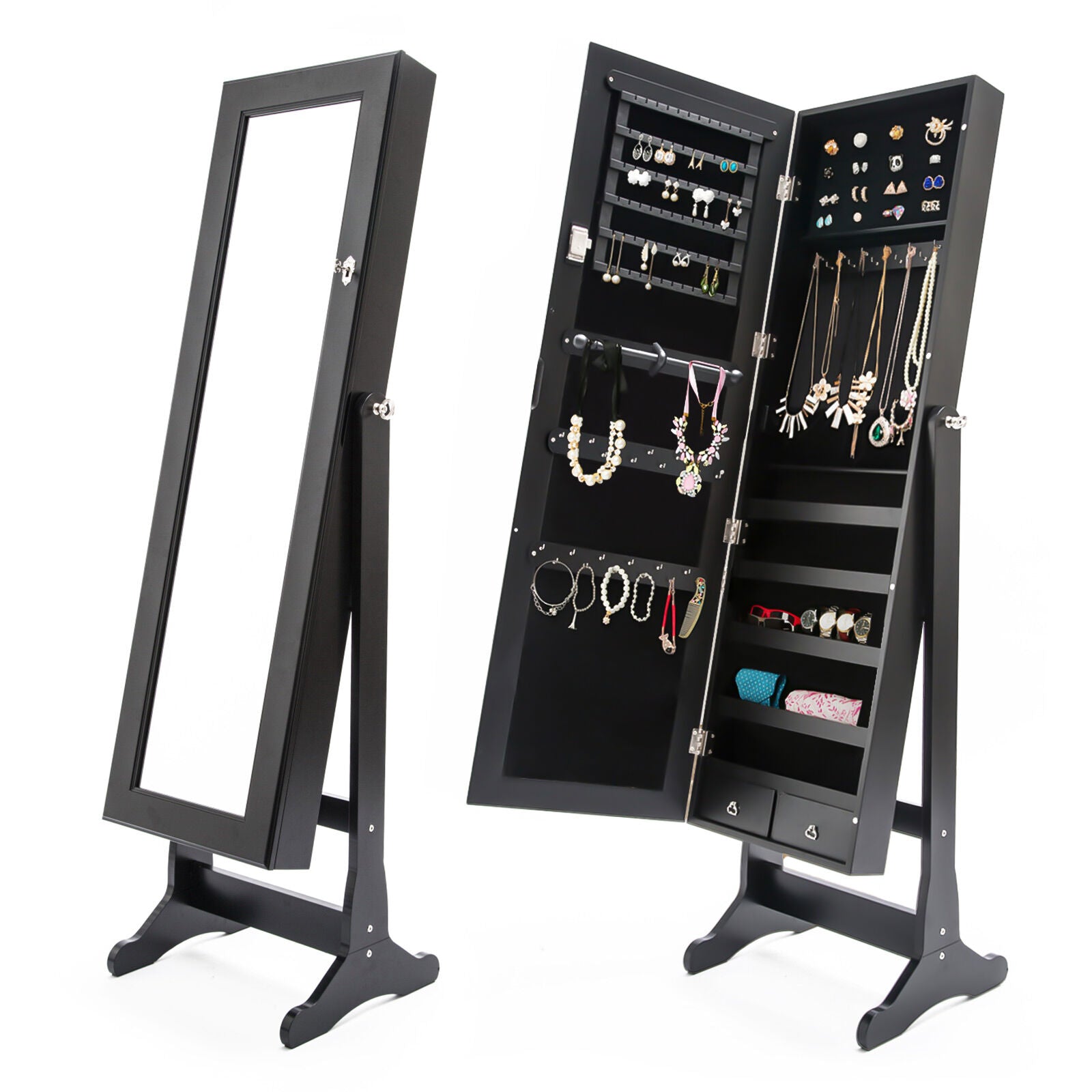 Makeup Organisation & Storage: Mirror Jewellery Cabinet Organiser 2 Drawers LOWE 146cm BLACK