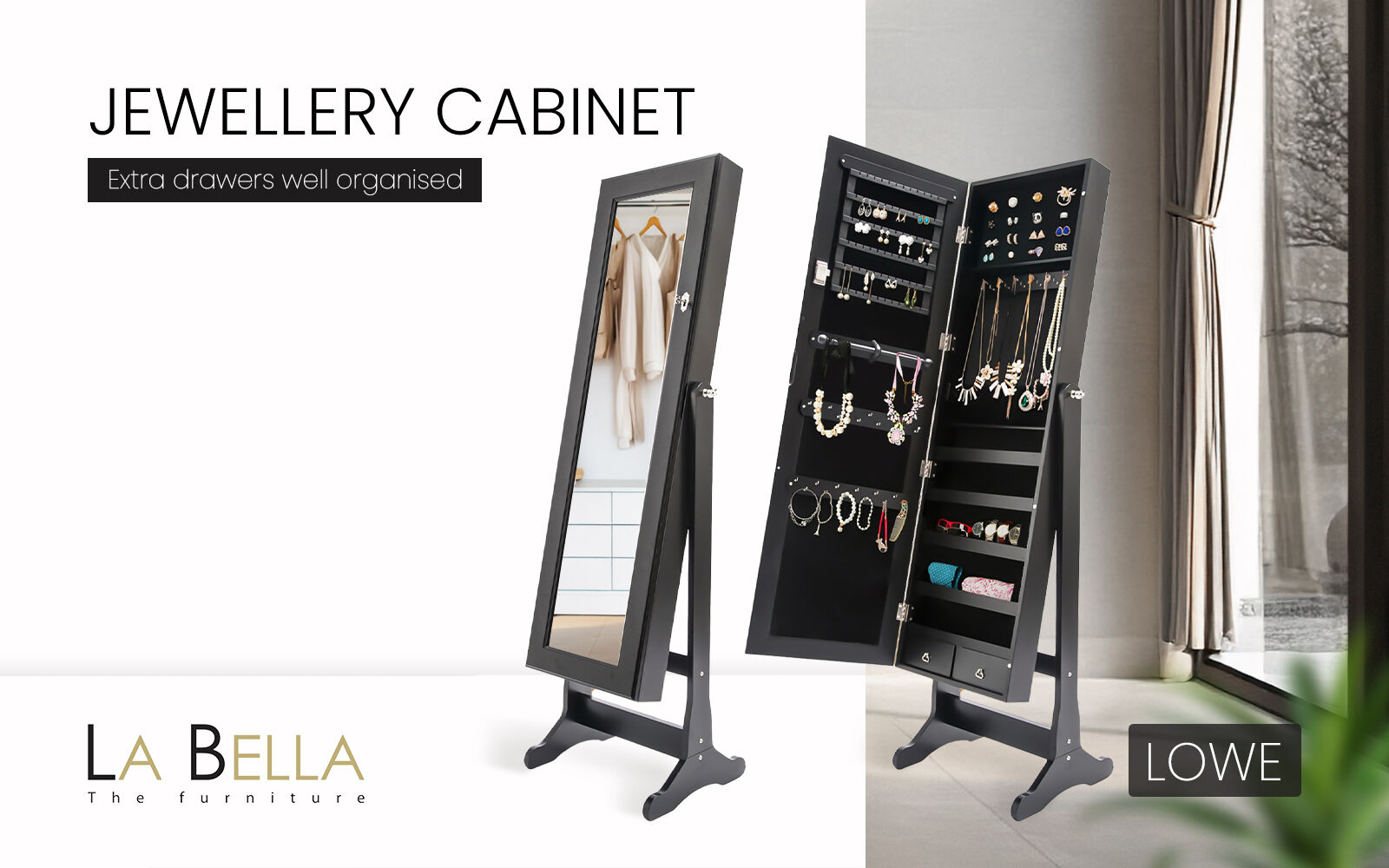 Makeup Organisation & Storage: Mirror Jewellery Cabinet Organiser 2 Drawers LOWE 146cm BLACK