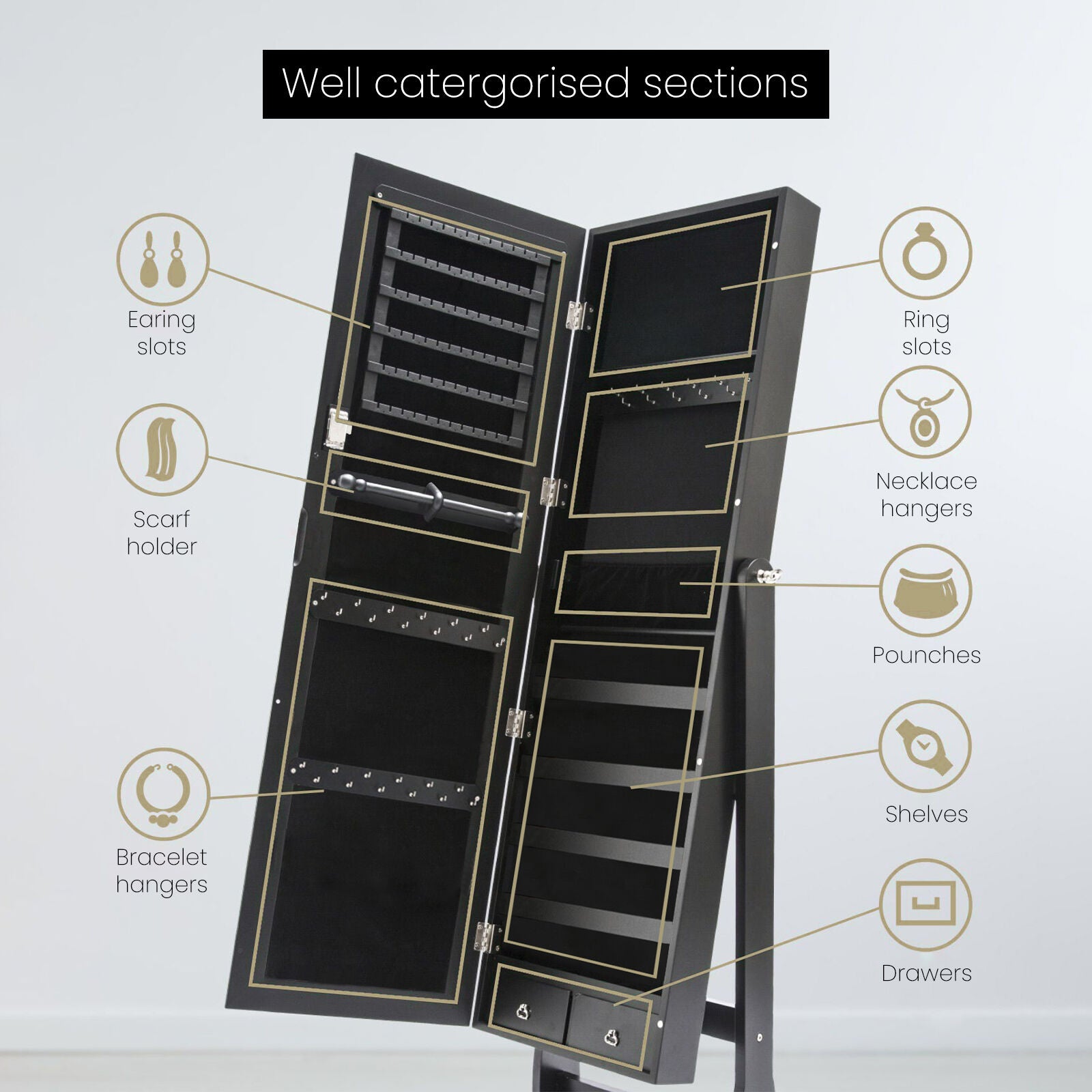 Makeup Organisation & Storage: Mirror Jewellery Cabinet Organiser 2 Drawers LOWE 146cm BLACK