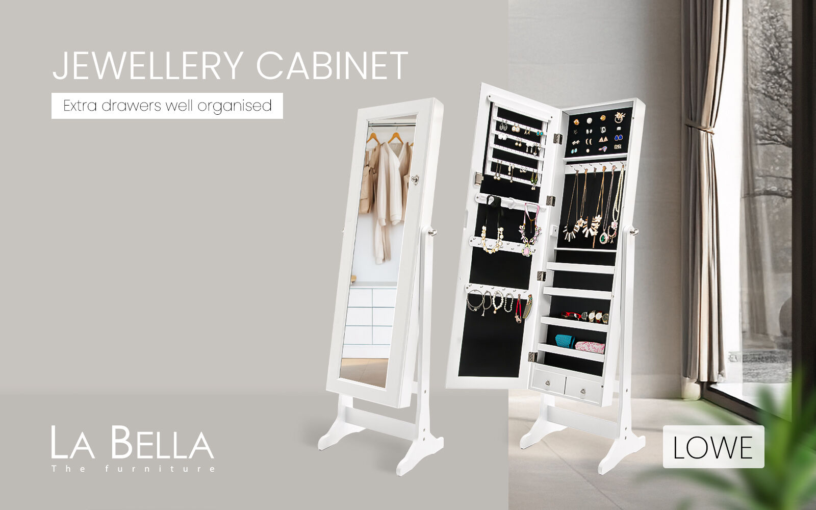 Makeup Organisation & Storage: Mirror Jewellery Cabinet Organiser 2 Drawers LOWE 146cm WHITE