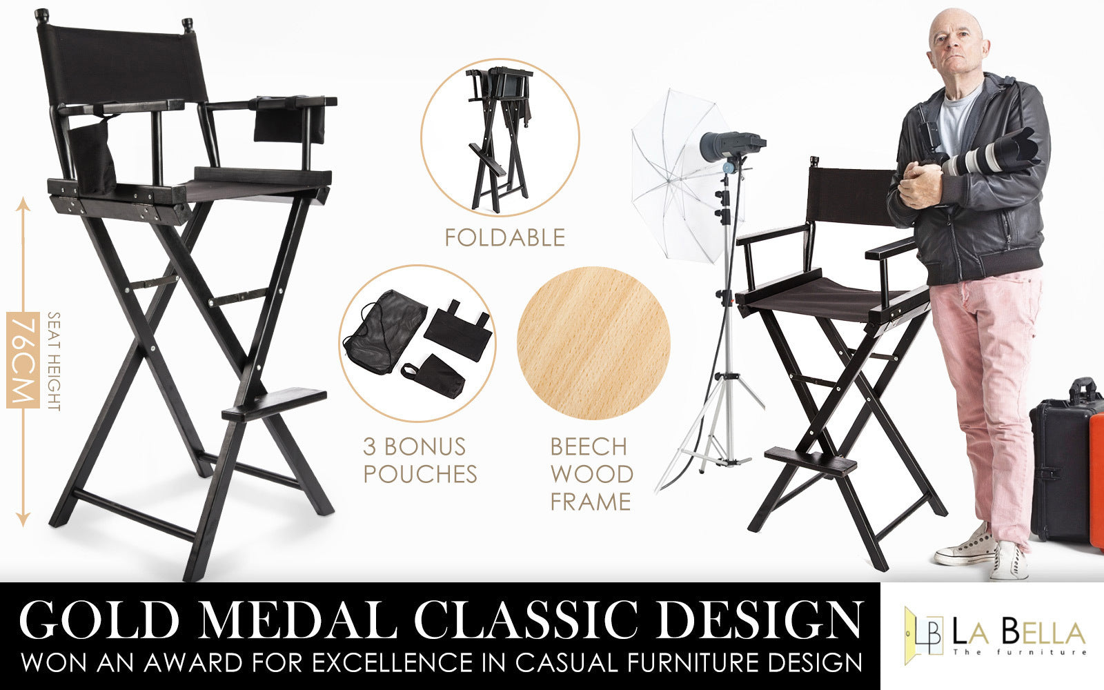 Table & Bar Stools: Director Movie Folding Tall Chair 76cm DARK HUMOR