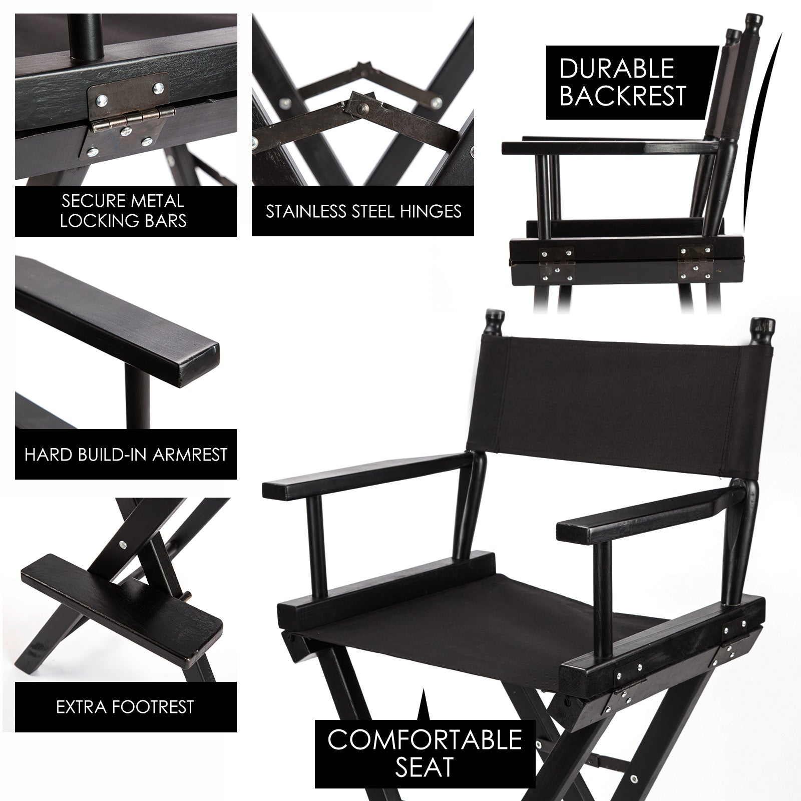Table & Bar Stools: 2X Director Movie Folding Tall Chair 76cm DARK HUMOR