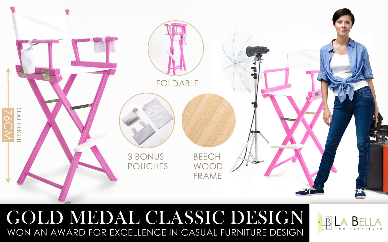 Table & Bar Stools: Director Movie Folding Tall Chair 76cm PINK HUMOR