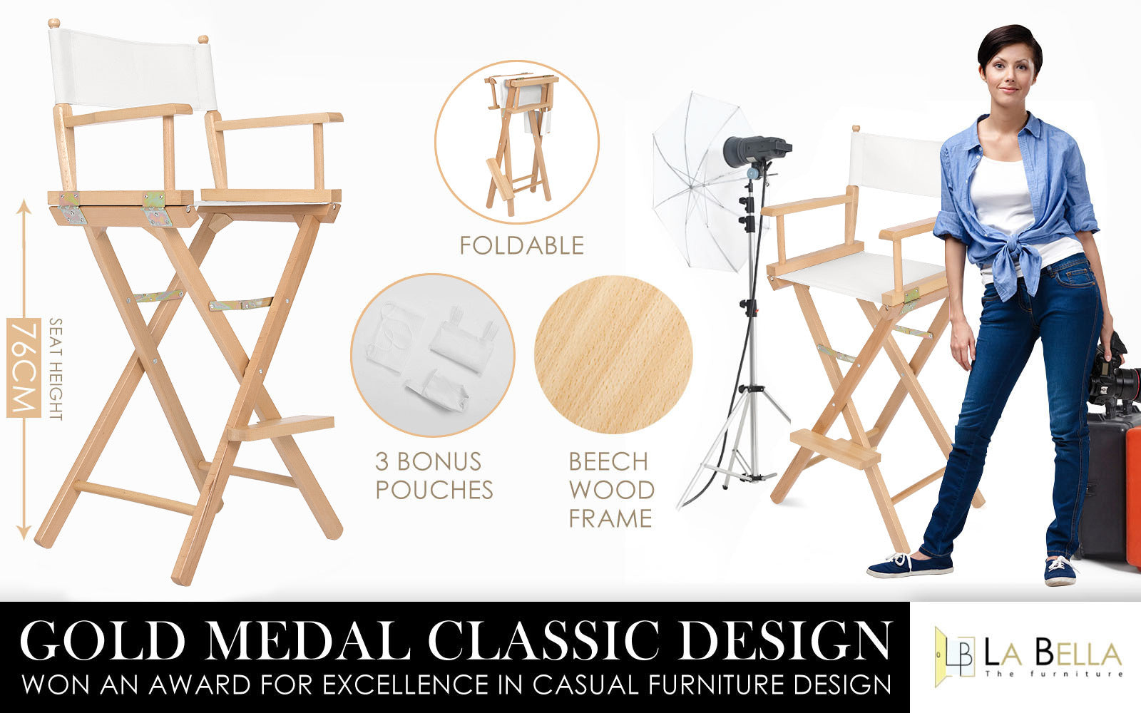 Table & Bar Stools: Director Movie Folding Tall Chair 76cm Beech WOOD HUMOR