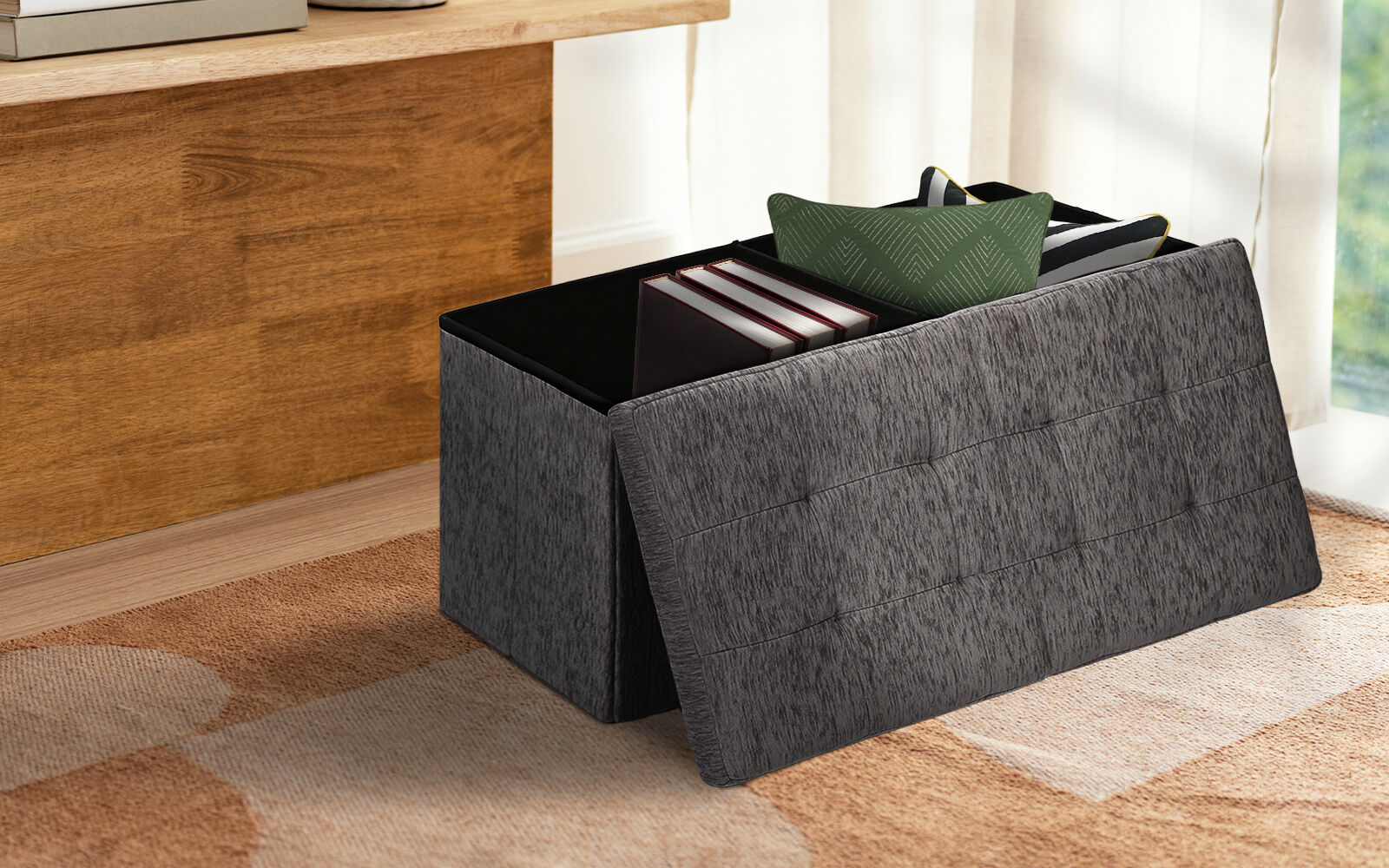 Ottomans & Footstools: Foldable Storage Ottoman - Flip Lid Side Table Toy Blanket Organiser Seat KIRA BLACK