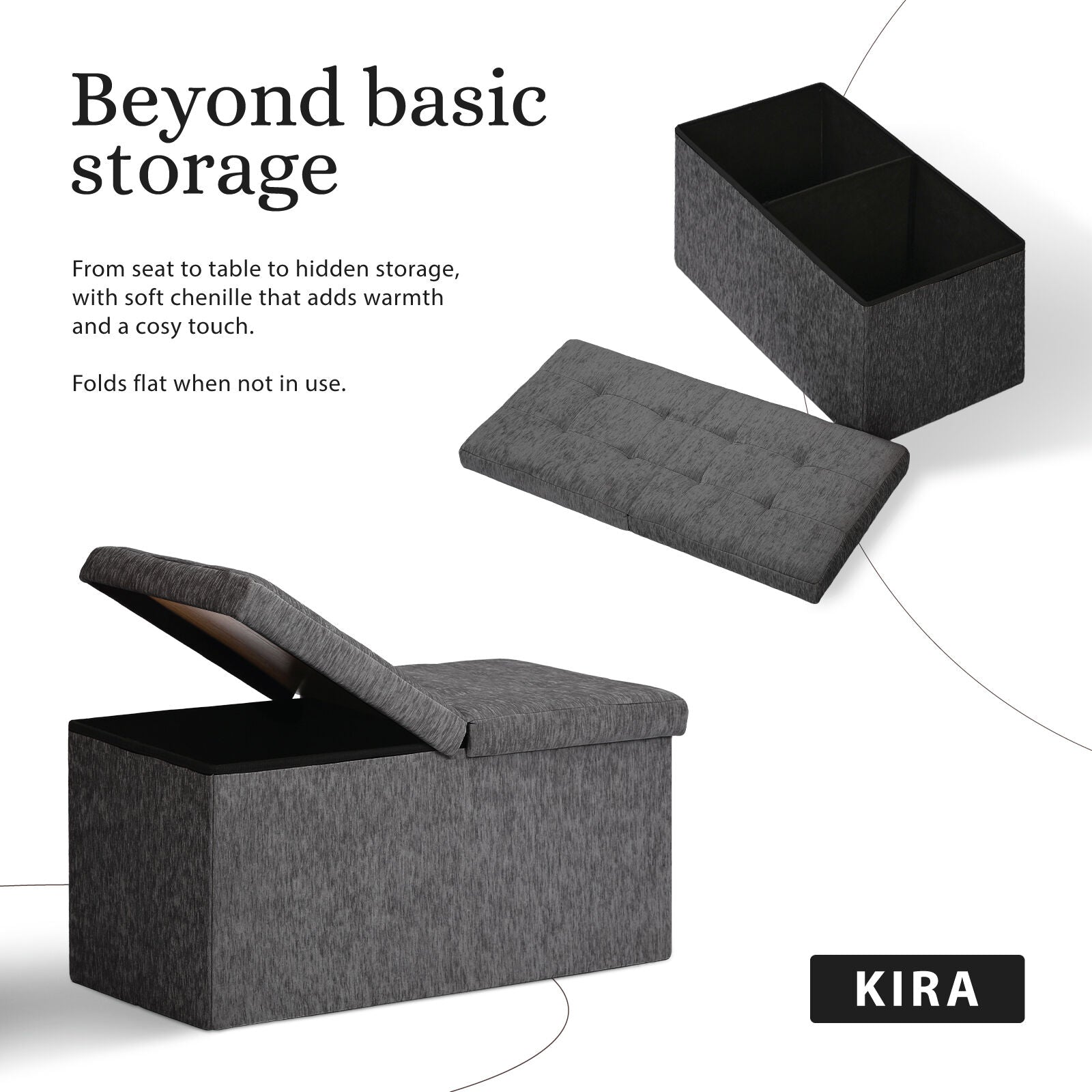 Ottomans & Footstools: Foldable Storage Ottoman - Flip Lid Side Table Toy Blanket Organiser Seat KIRA BLACK