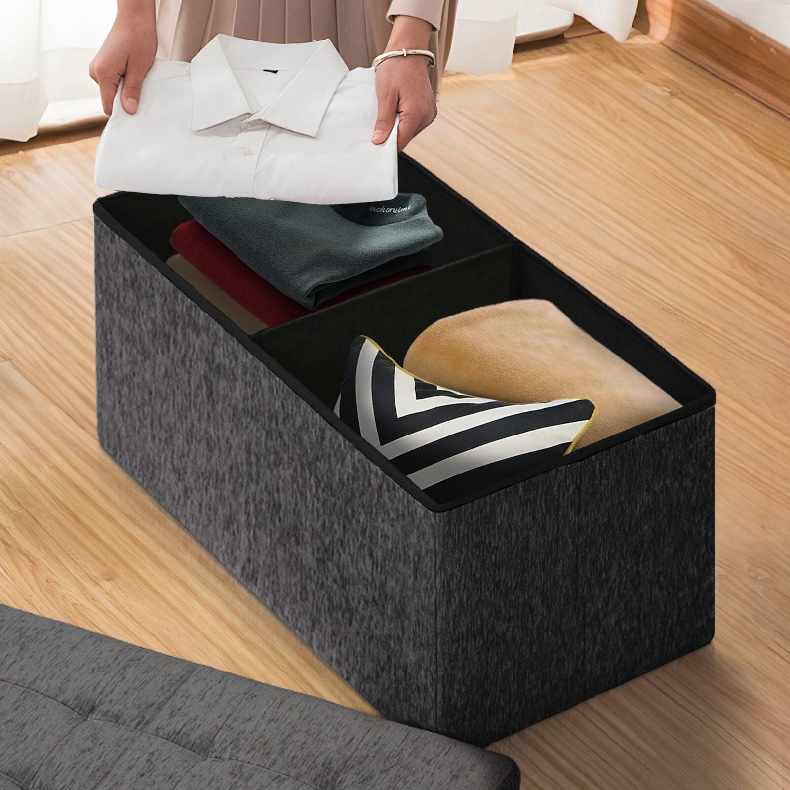 Ottomans & Footstools: Foldable Storage Ottoman - Flip Lid Side Table Toy Blanket Organiser Seat KIRA BLACK