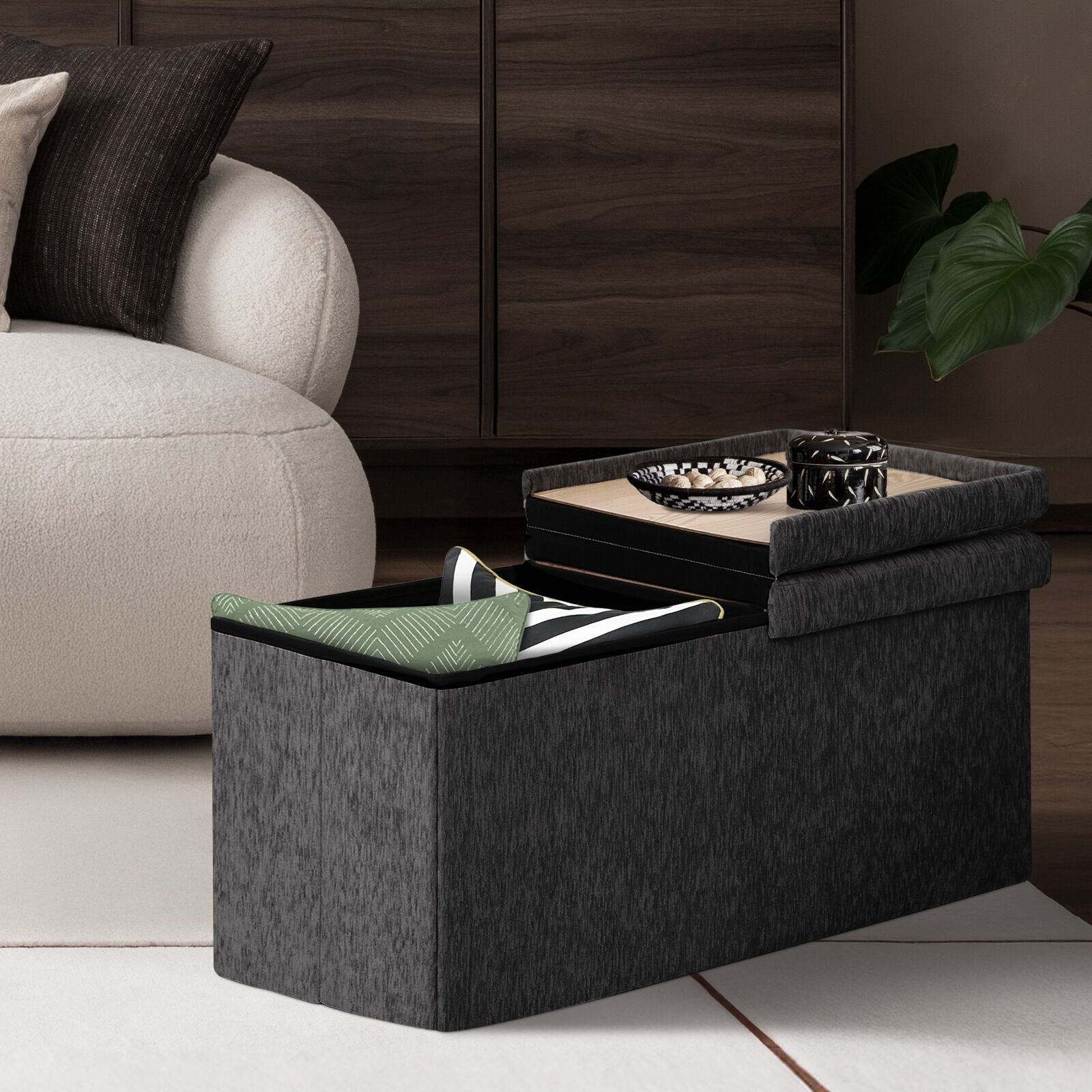 Ottomans & Footstools: Foldable Storage Ottoman - Flip Lid Side Table Toy Blanket Organiser Seat KIRA BLACK