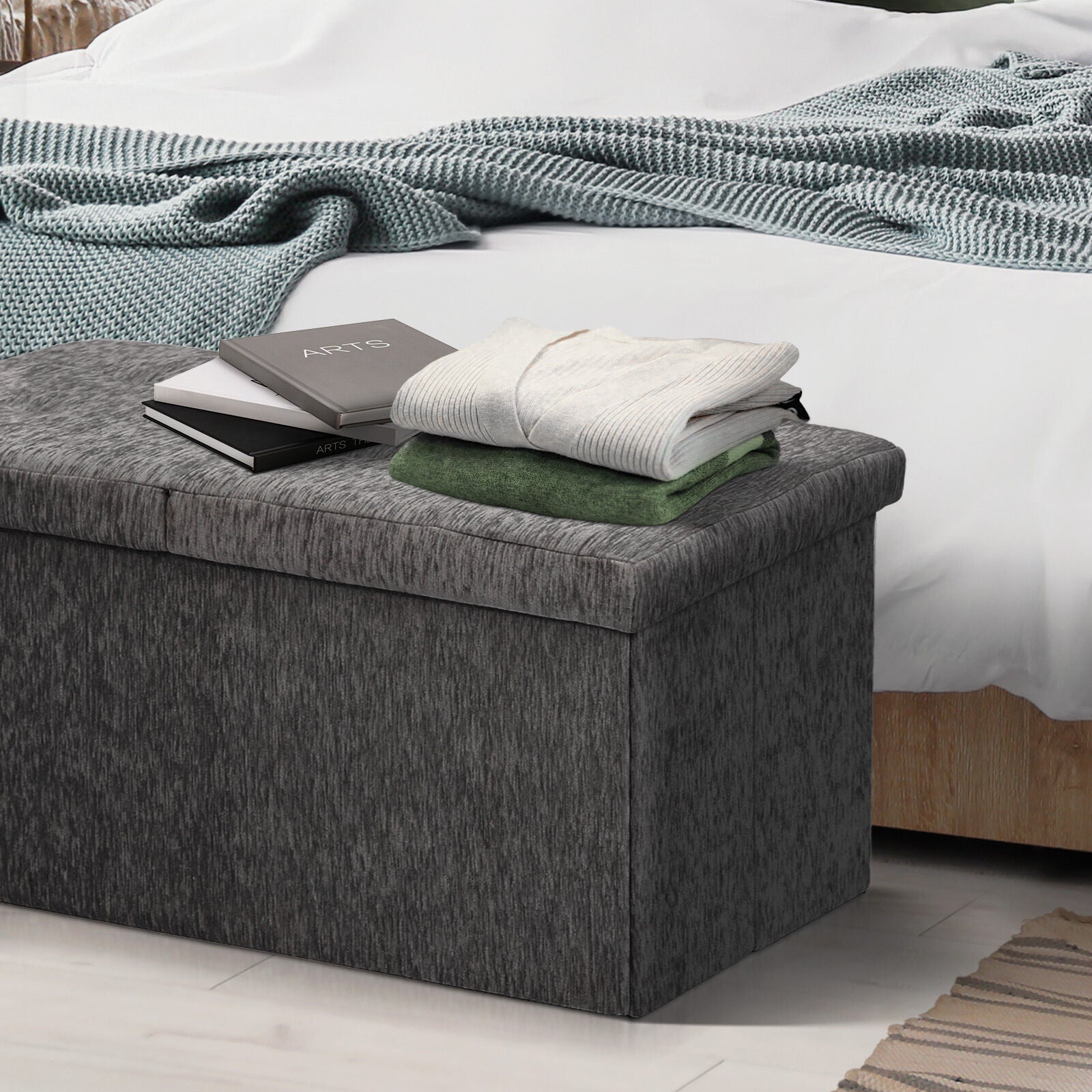 Ottomans & Footstools: Foldable Storage Ottoman - Flip Lid Side Table Toy Blanket Organiser Seat KIRA BLACK