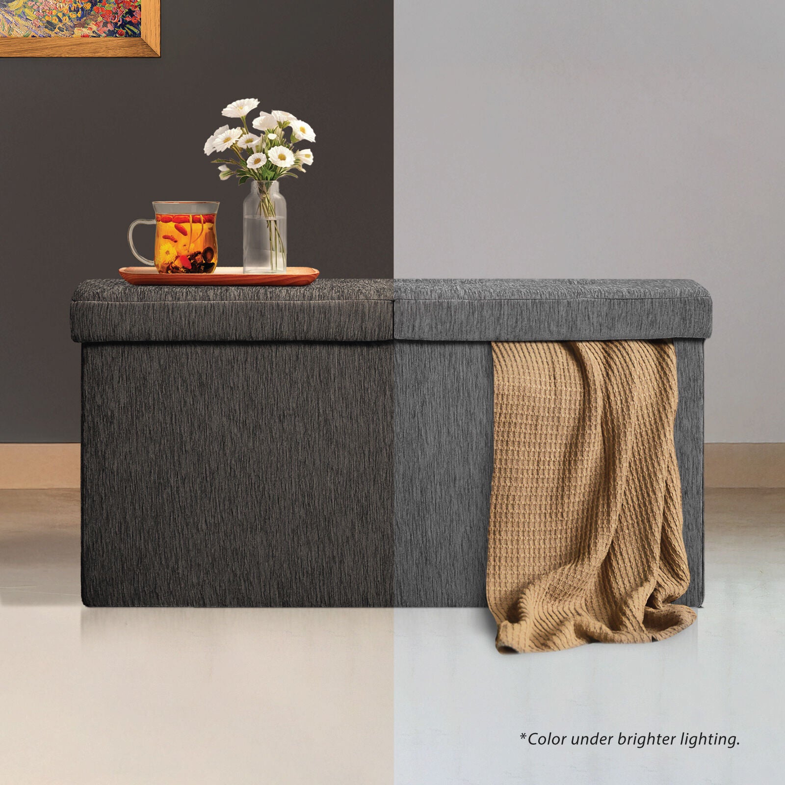 Ottomans & Footstools: Foldable Storage Ottoman - Flip Lid Side Table Toy Blanket Organiser Seat KIRA BLACK
