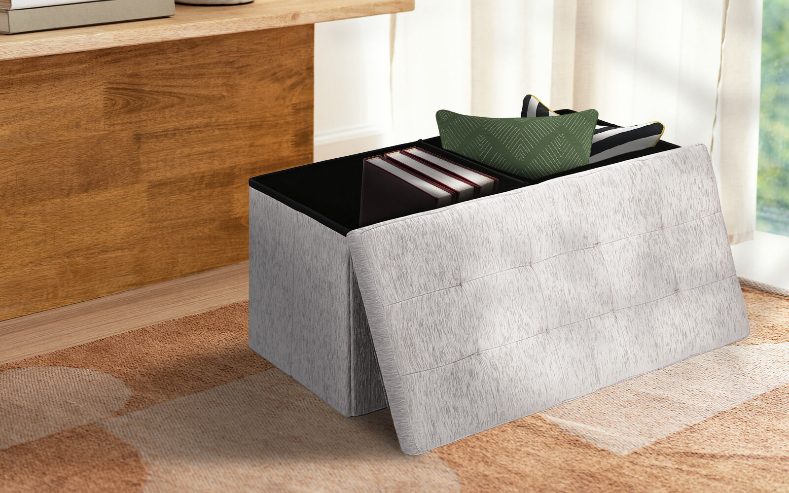 Ottomans & Footstools: Foldable Storage Ottoman - Flip Lid Side Table Toy Blanket Organiser Seat KIRA GREY