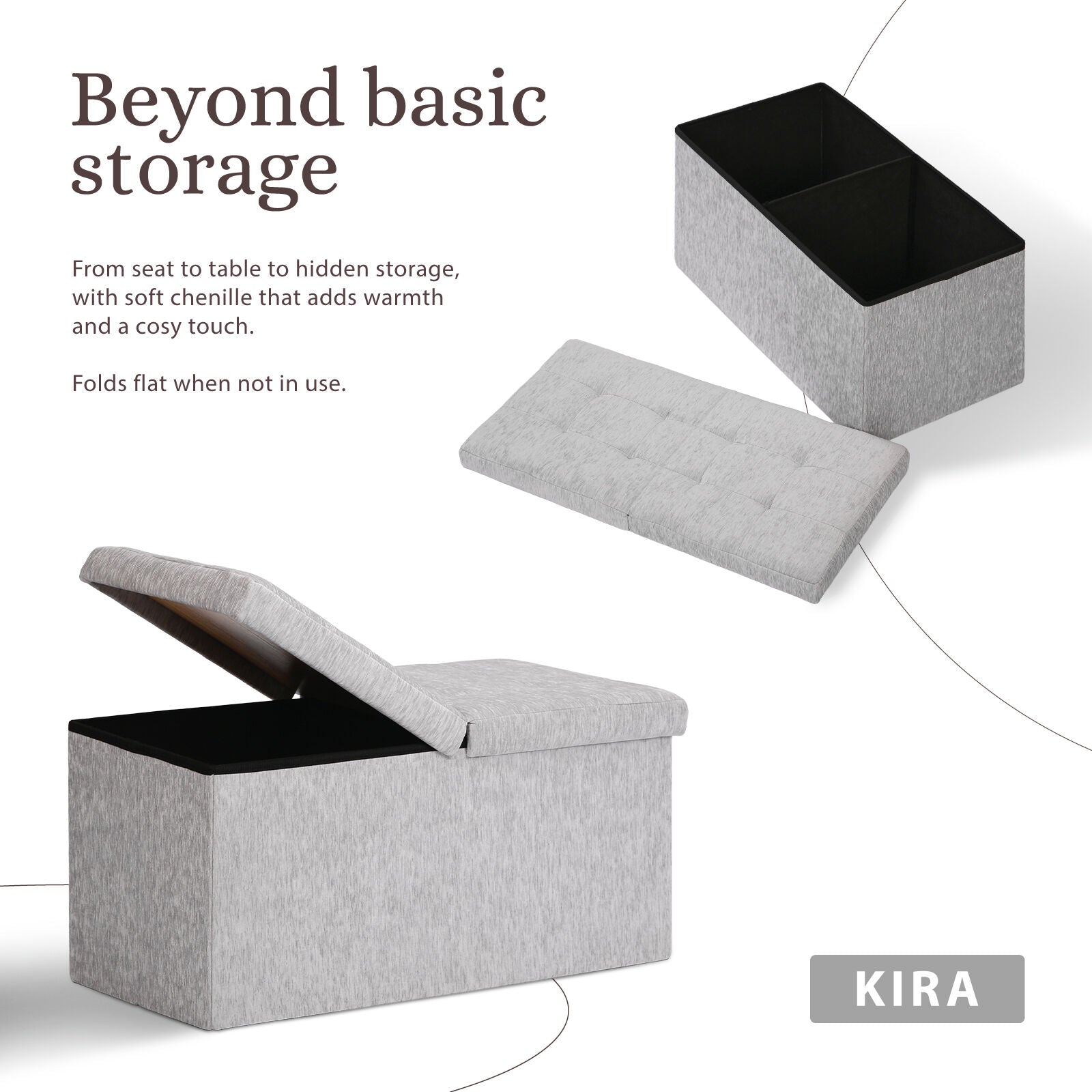 Ottomans & Footstools: Foldable Storage Ottoman - Flip Lid Side Table Toy Blanket Organiser Seat KIRA GREY