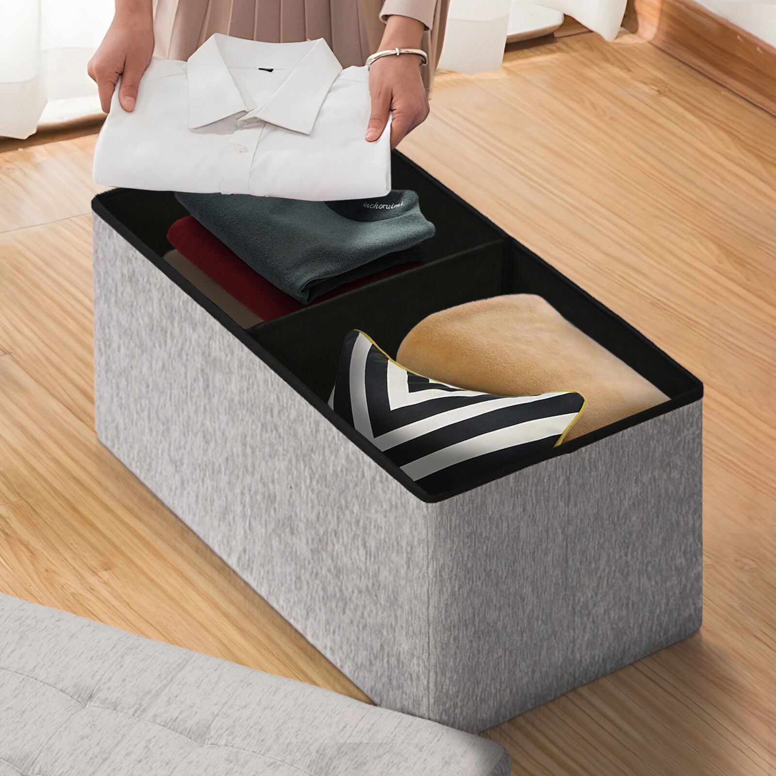 Ottomans & Footstools: Foldable Storage Ottoman - Flip Lid Side Table Toy Blanket Organiser Seat KIRA GREY