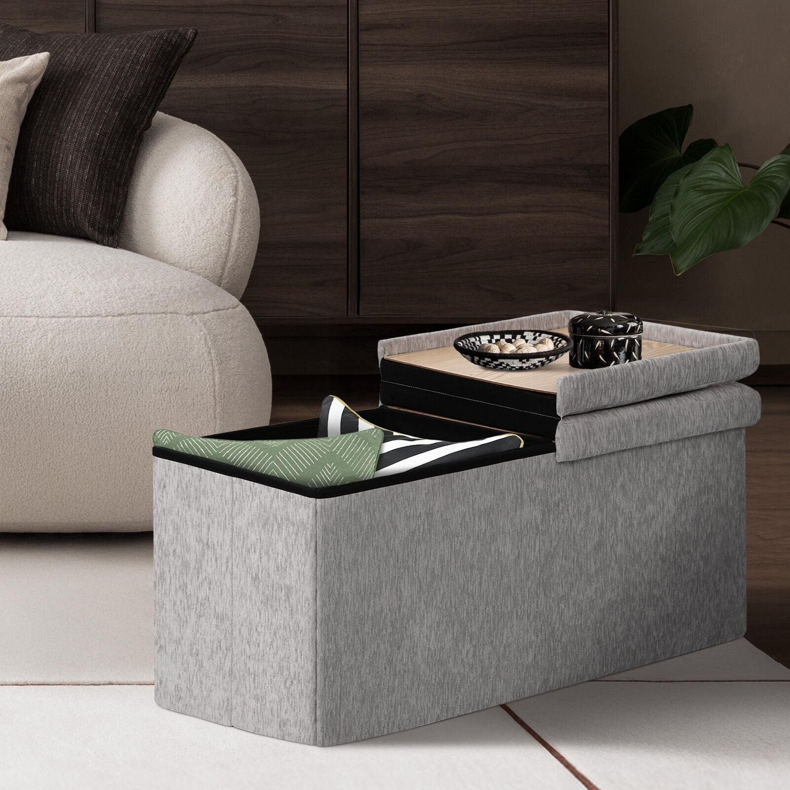 Ottomans & Footstools: Foldable Storage Ottoman - Flip Lid Side Table Toy Blanket Organiser Seat KIRA GREY