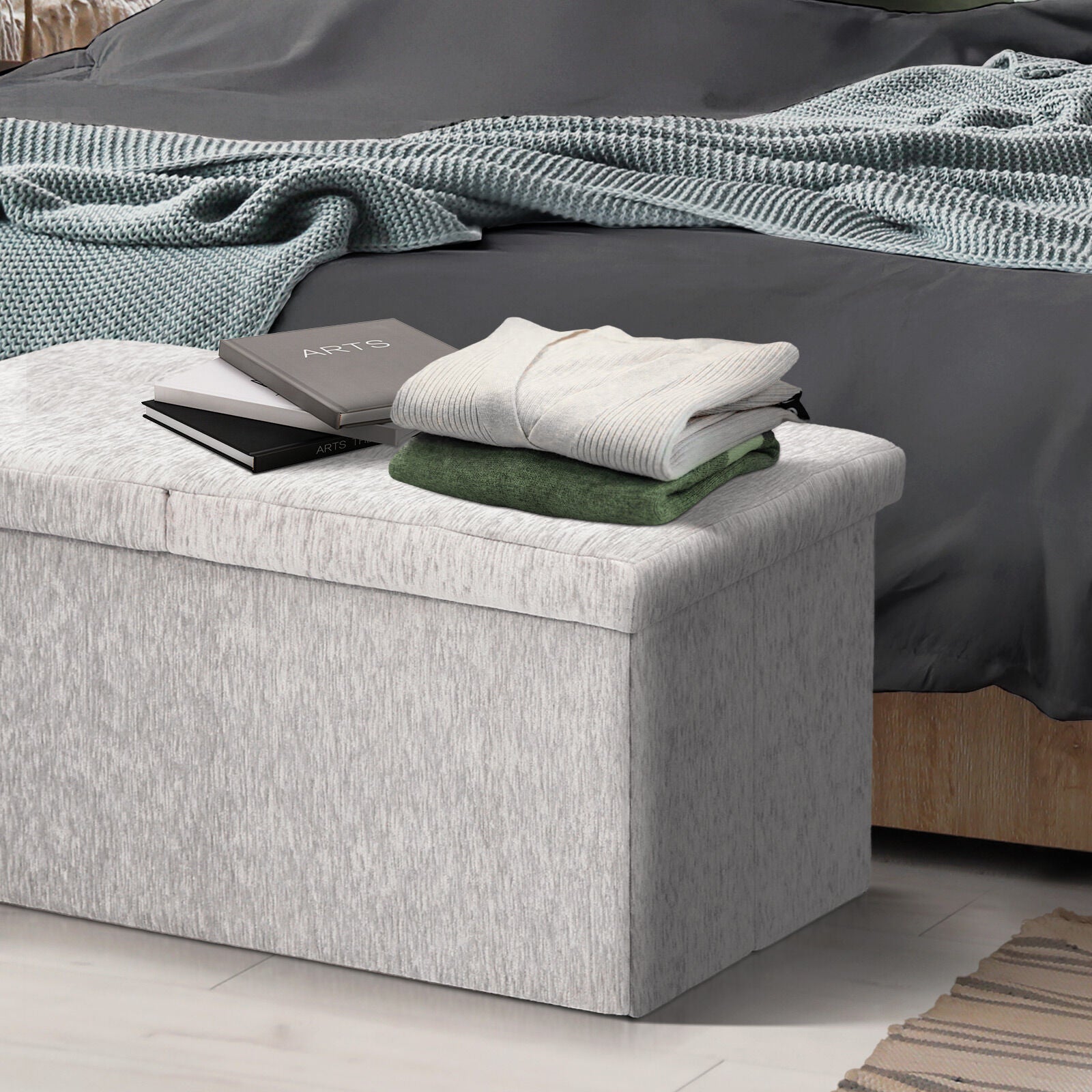 Ottomans & Footstools: Foldable Storage Ottoman - Flip Lid Side Table Toy Blanket Organiser Seat KIRA GREY