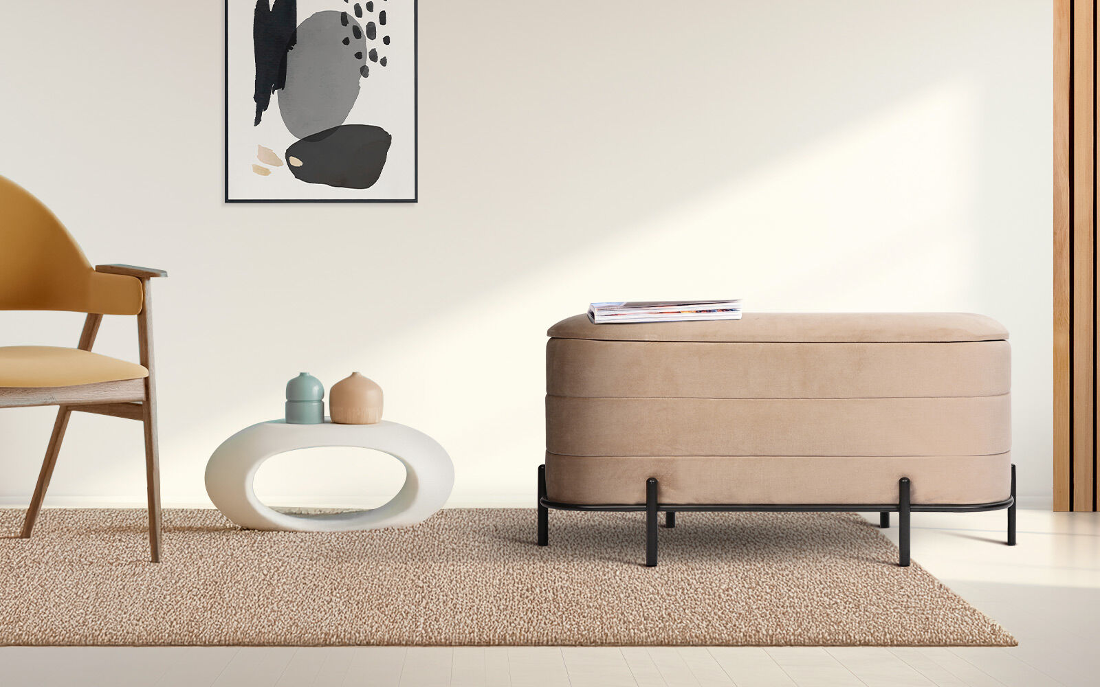 Ottomans & Footstools: La Bella Coffee Table Storage Ottoman - Velvet Blanket Box Bench DEMI - CAMEL BEIGE