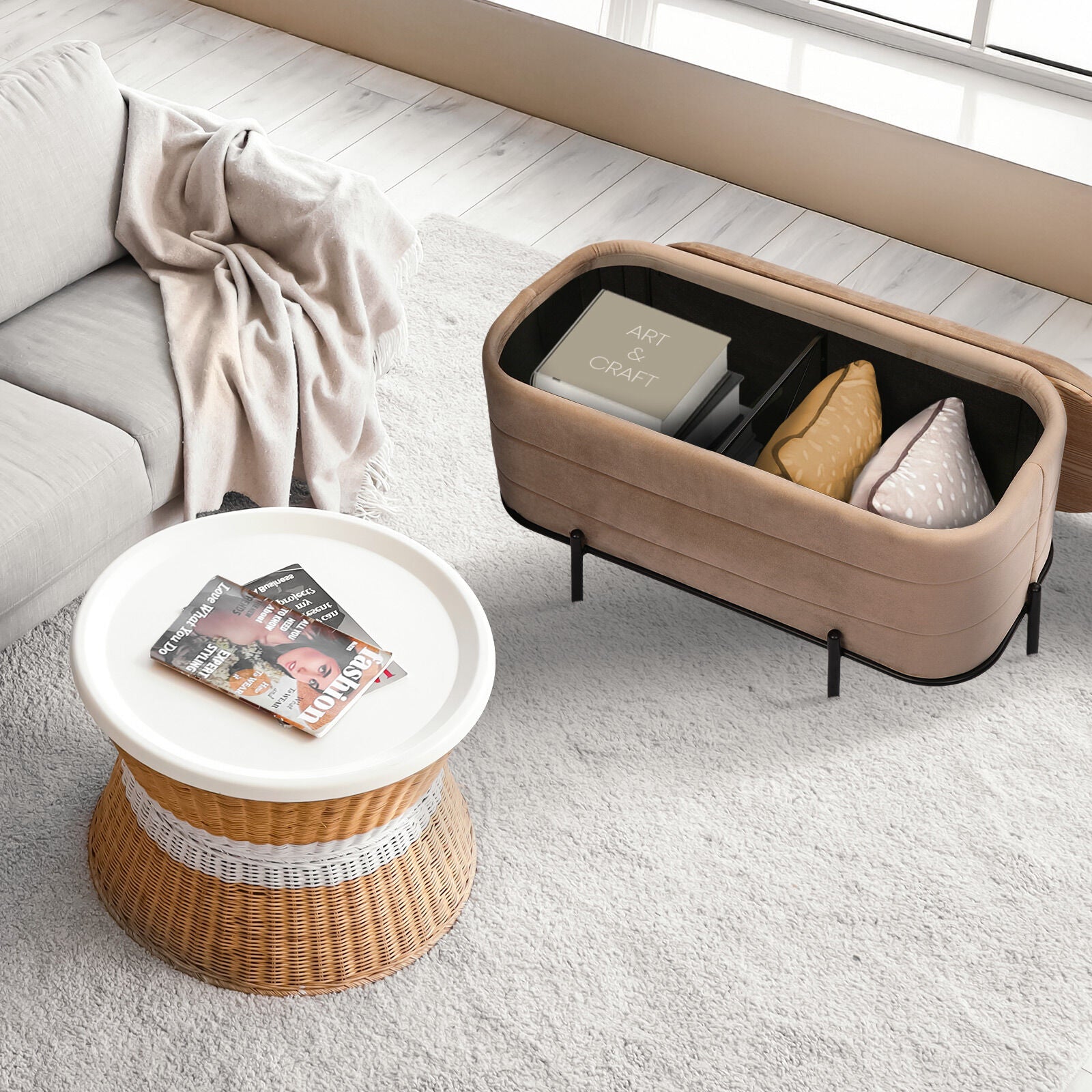 Ottomans & Footstools: La Bella Coffee Table Storage Ottoman - Velvet Blanket Box Bench DEMI - CAMEL BEIGE