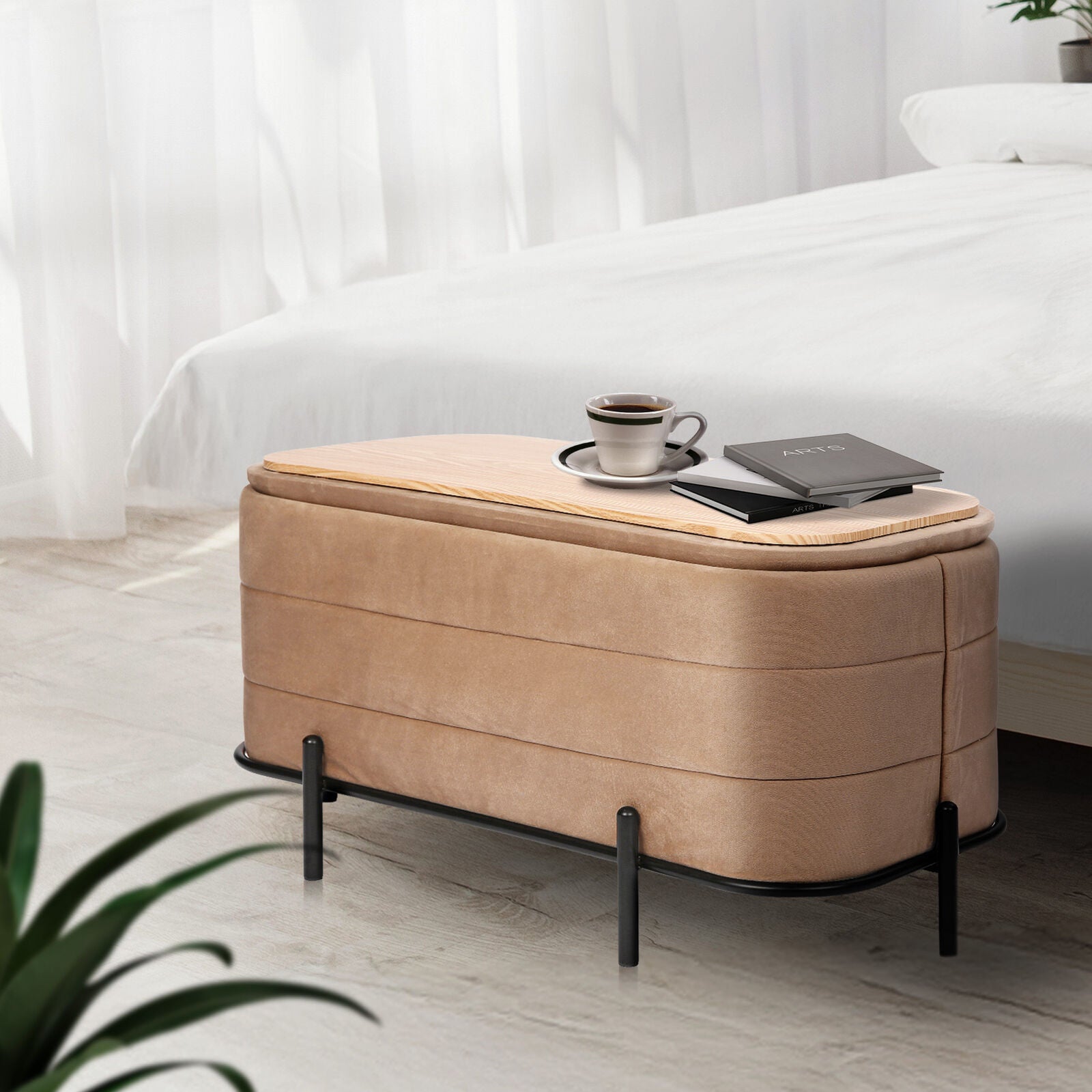Ottomans & Footstools: La Bella Coffee Table Storage Ottoman - Velvet Blanket Box Bench DEMI - CAMEL BEIGE