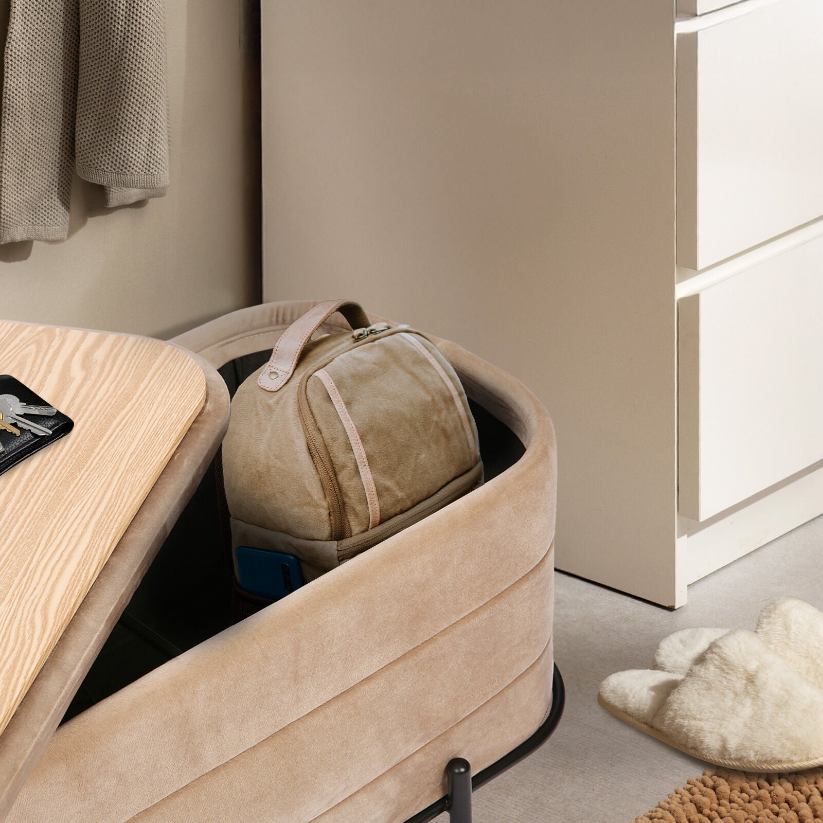 Ottomans & Footstools: La Bella Coffee Table Storage Ottoman - Velvet Blanket Box Bench DEMI - CAMEL BEIGE