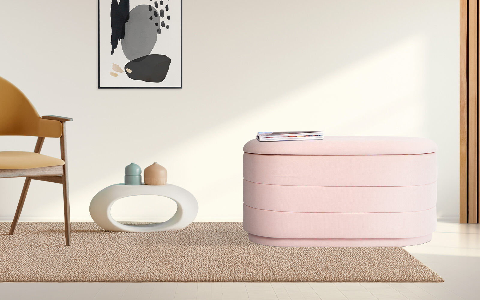 Ottomans & Footstools: Coffee Table Storage Ottoman - Chenille Fabic Padded Blanket Box Bench CELIA - PINK