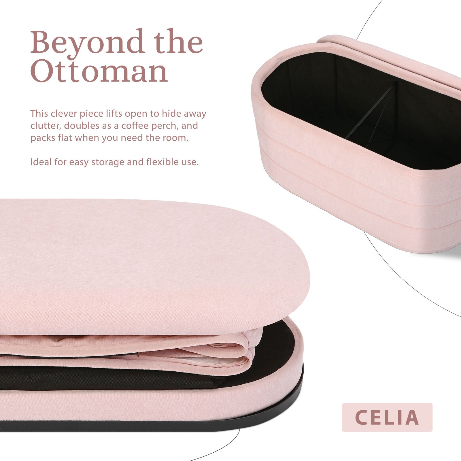 Ottomans & Footstools: Coffee Table Storage Ottoman - Chenille Fabic Padded Blanket Box Bench CELIA - PINK