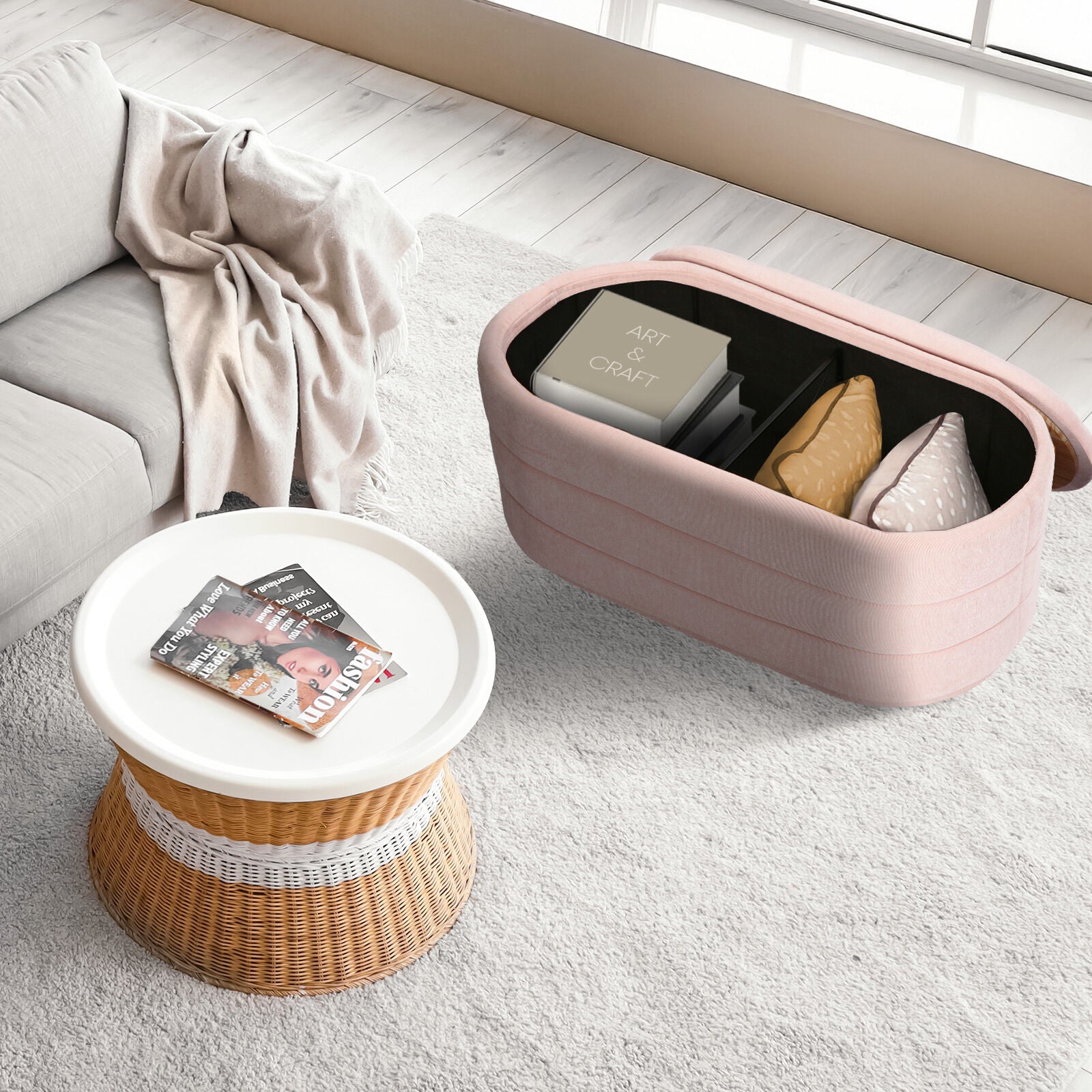 Ottomans & Footstools: Coffee Table Storage Ottoman - Chenille Fabic Padded Blanket Box Bench CELIA - PINK