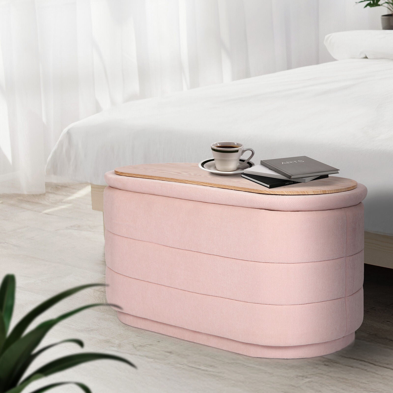 Ottomans & Footstools: Coffee Table Storage Ottoman - Chenille Fabic Padded Blanket Box Bench CELIA - PINK